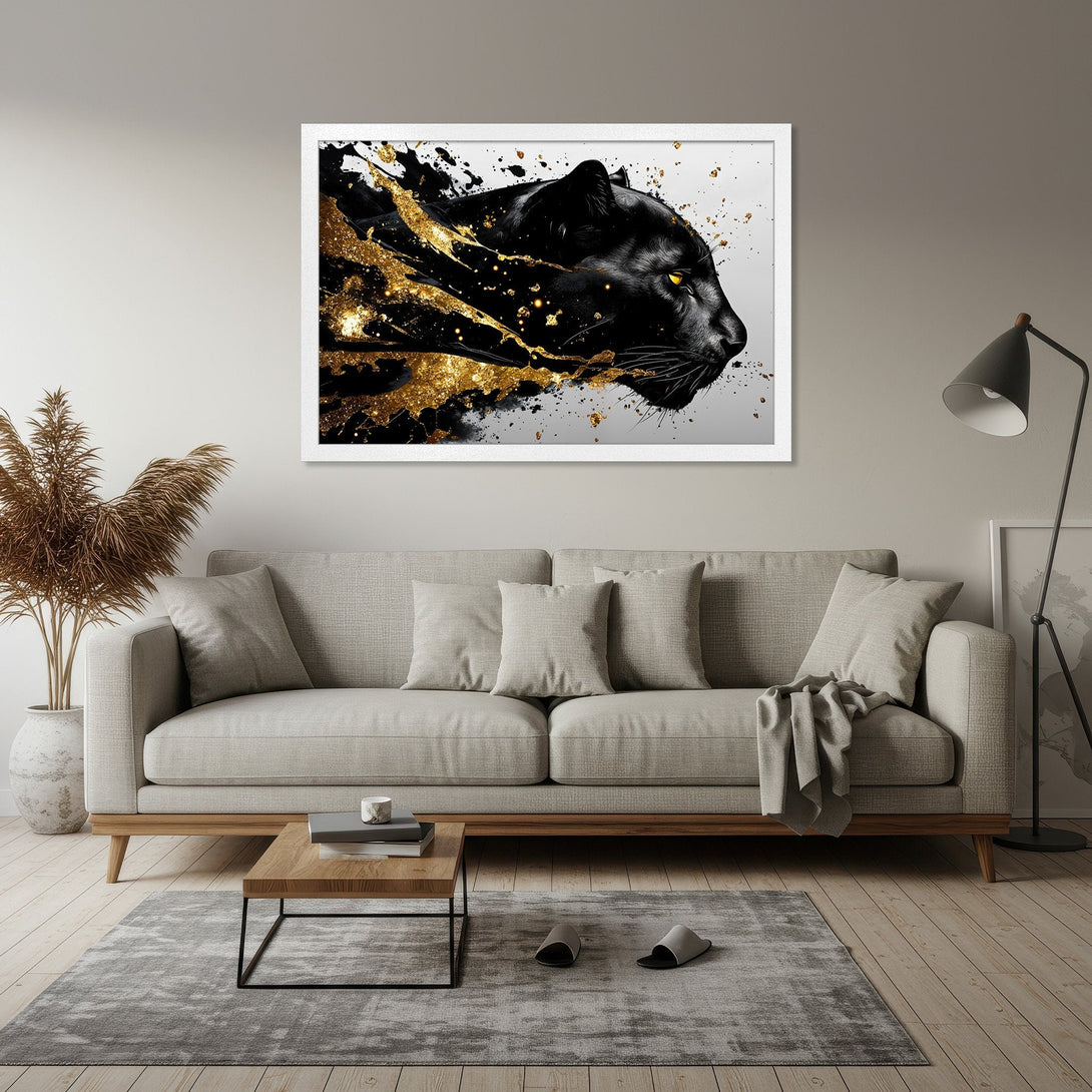 Framed Poster of a black panther with gold accents. Modern art style, black, gold, and neutral color palette. Elevate your space!