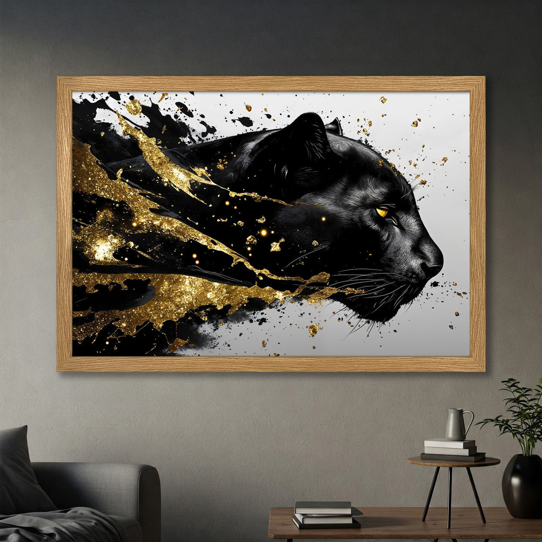 Framed Poster featuring a black panther with gold accents. Modern art style with a striking black, white, and gold color palette. Perfect wall decor.