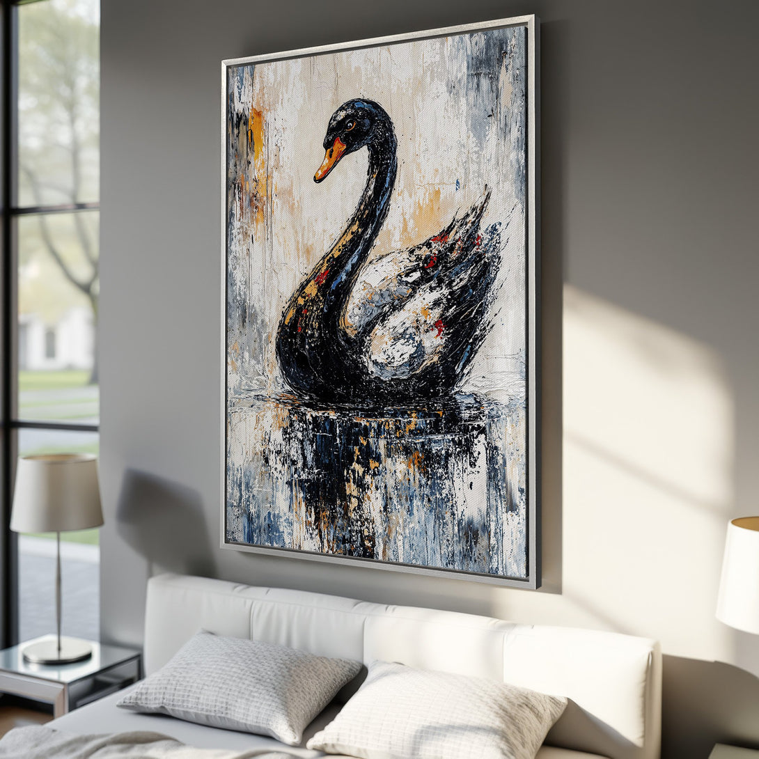Framed Wall Art: Abstract black swan painting in modern style with a neutral color palette. Perfect for adding elegance to any space.