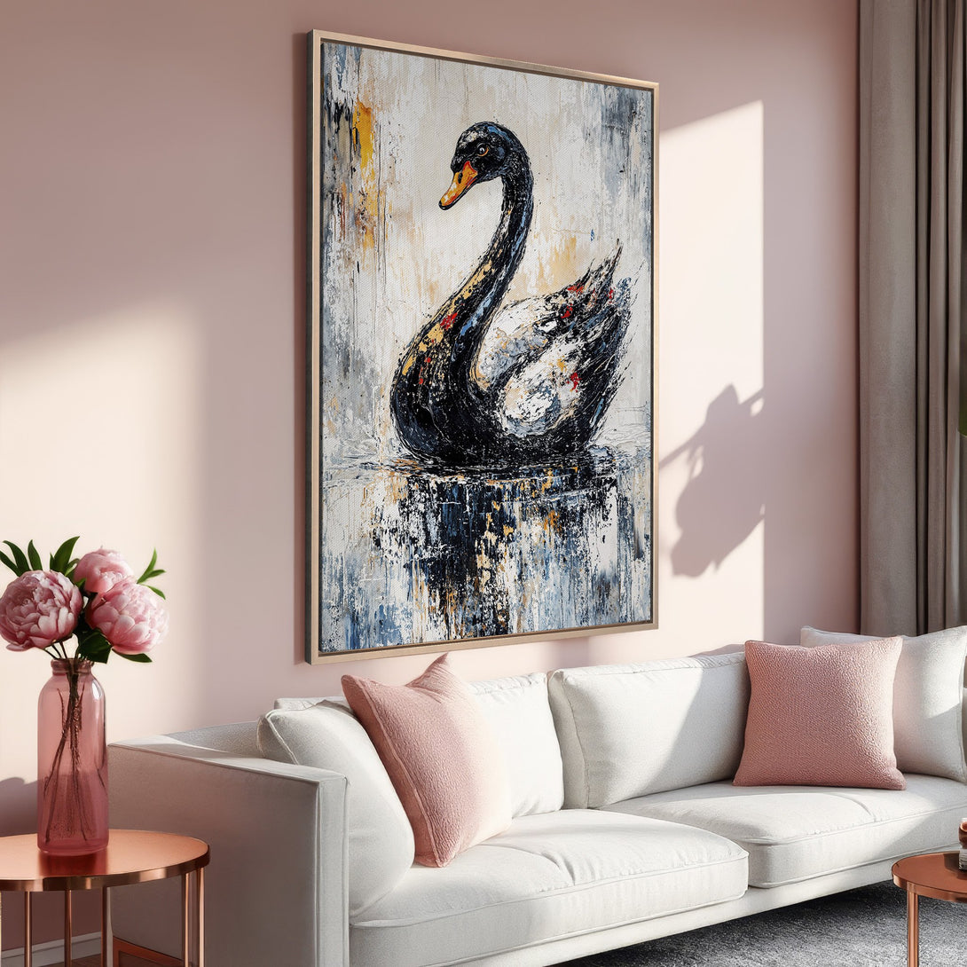 Framed Wall Art: Abstract black swan painting with a gold frame. Modern art in a blush pink and neutral color palette, perfect for home decor.