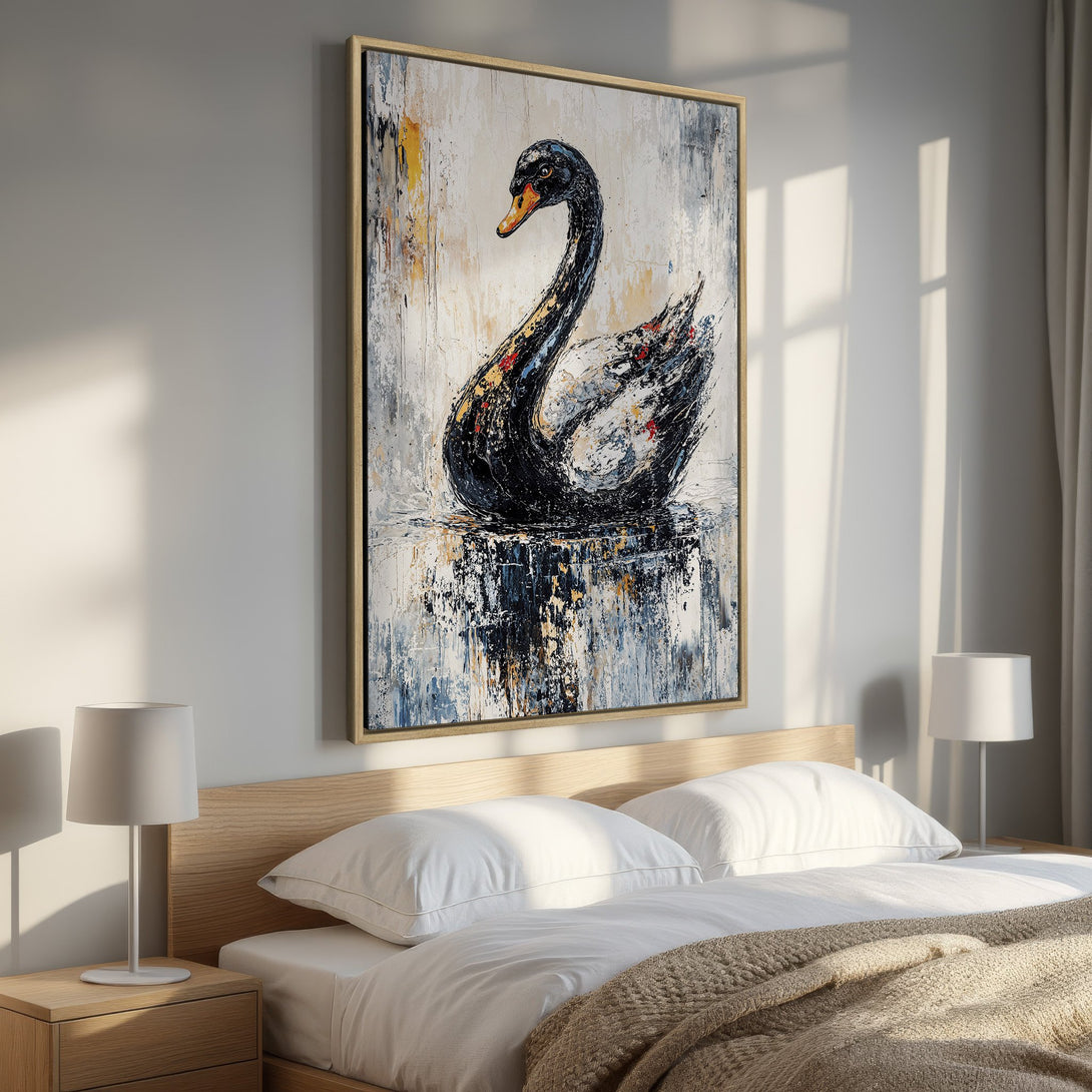Framed Wall Art: Abstract black swan painting with a neutral color palette. Perfect for bedroom decor. Add a touch of elegance with this stunning Canvas Print.