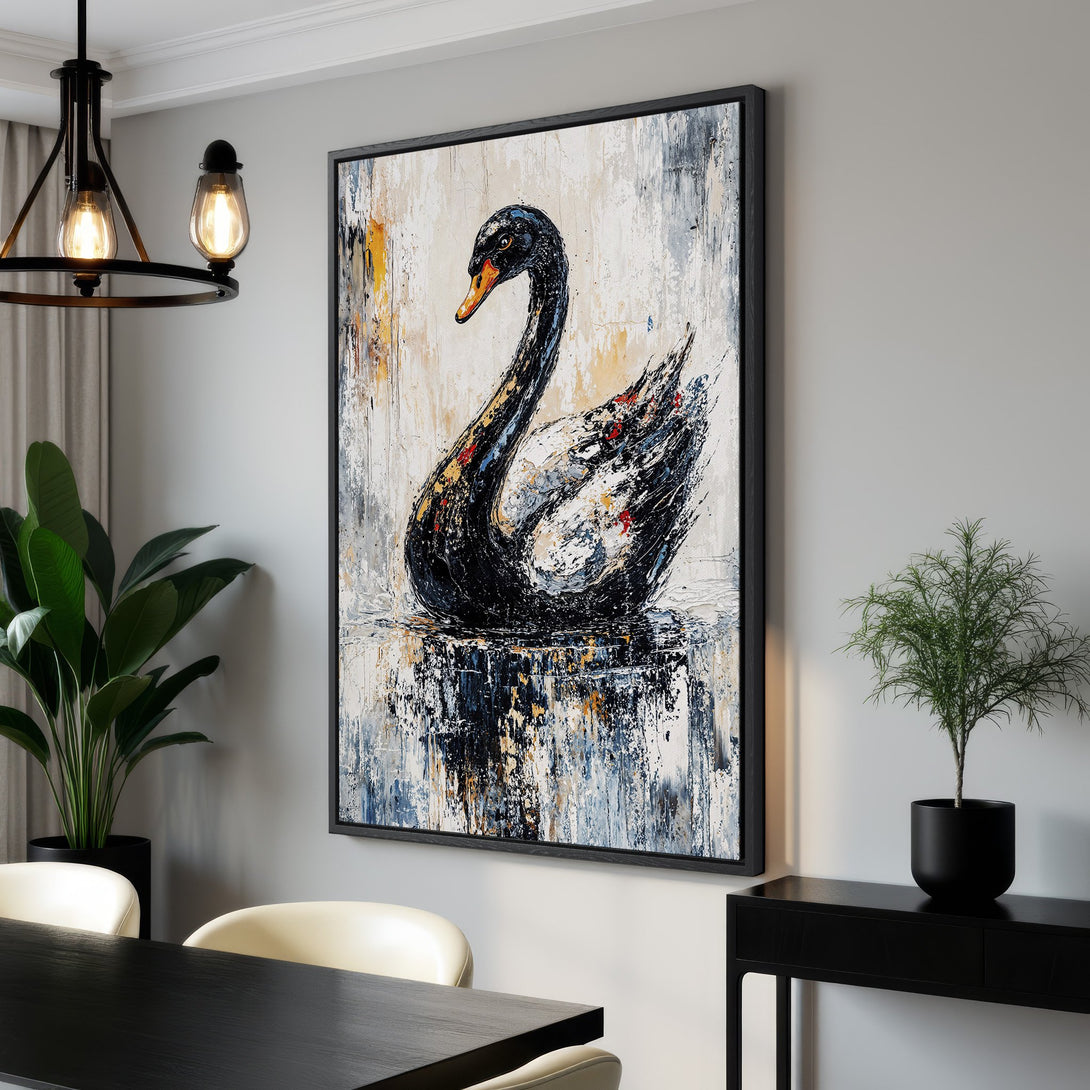 Framed Wall Art: Abstract black swan painting with a textured style and neutral color palette. Perfect for modern interior decor.