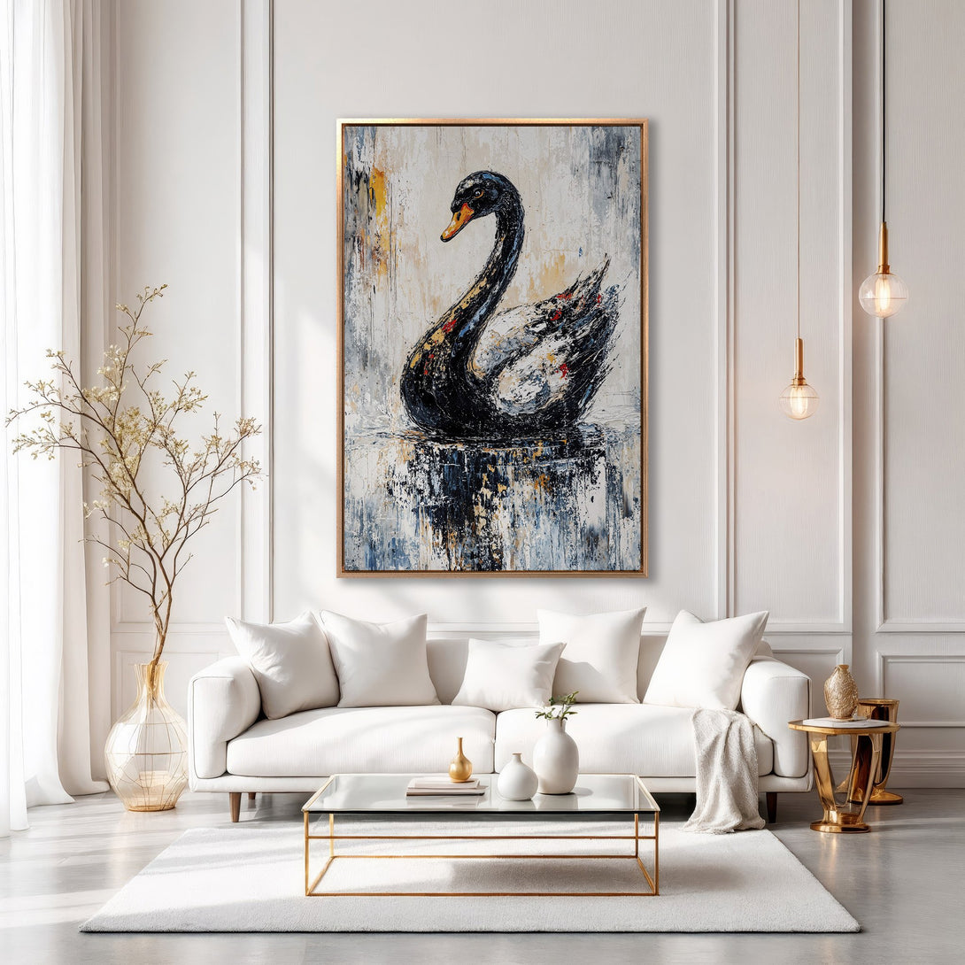 Framed Wall Art featuring a black swan painting in a modern living room. Neutral color palette with gold accents. Elevate your home decor with this stunning piece.