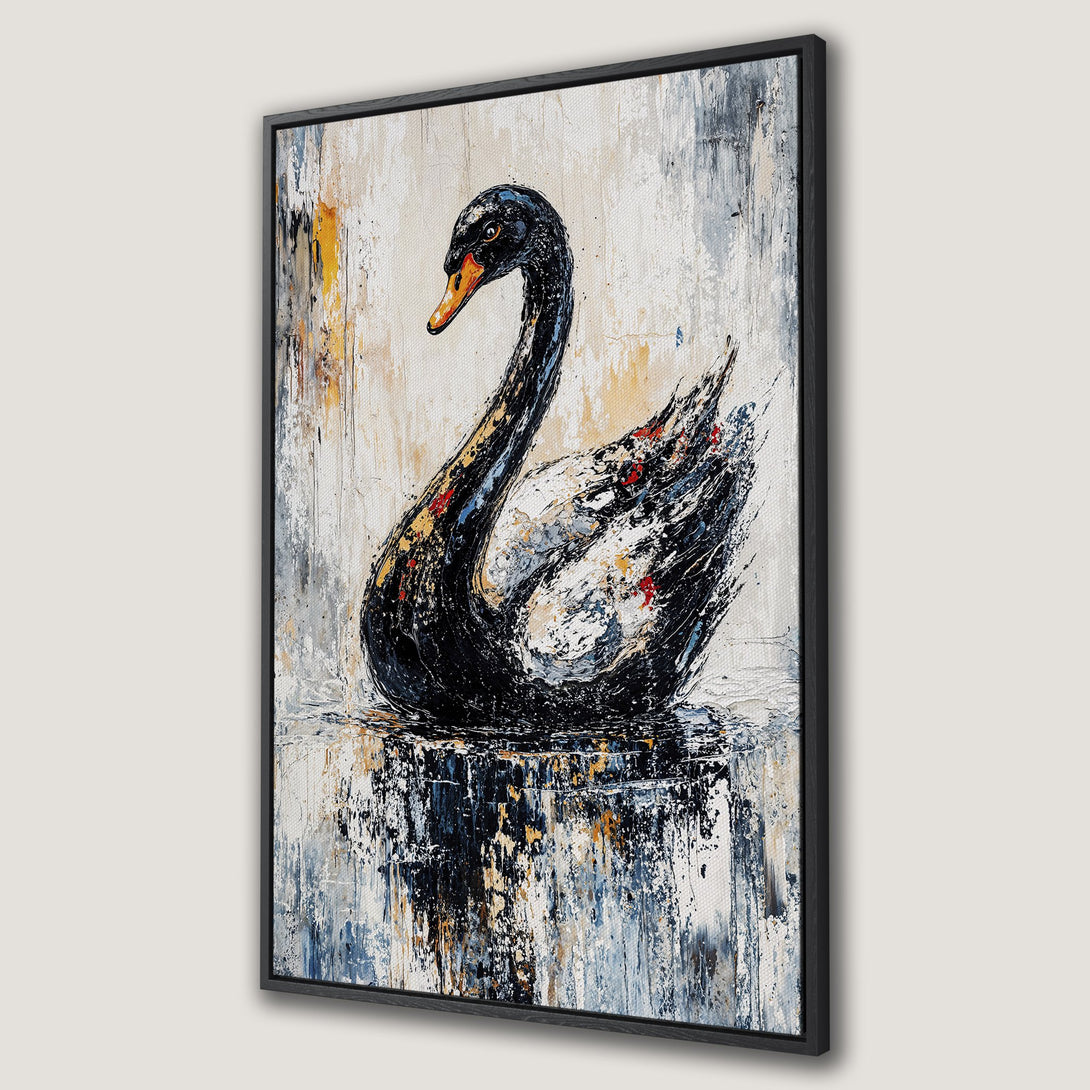 Framed Wall Art: Abstract black swan painting with textured brushstrokes in a neutral color palette. Perfect for modern home decor.