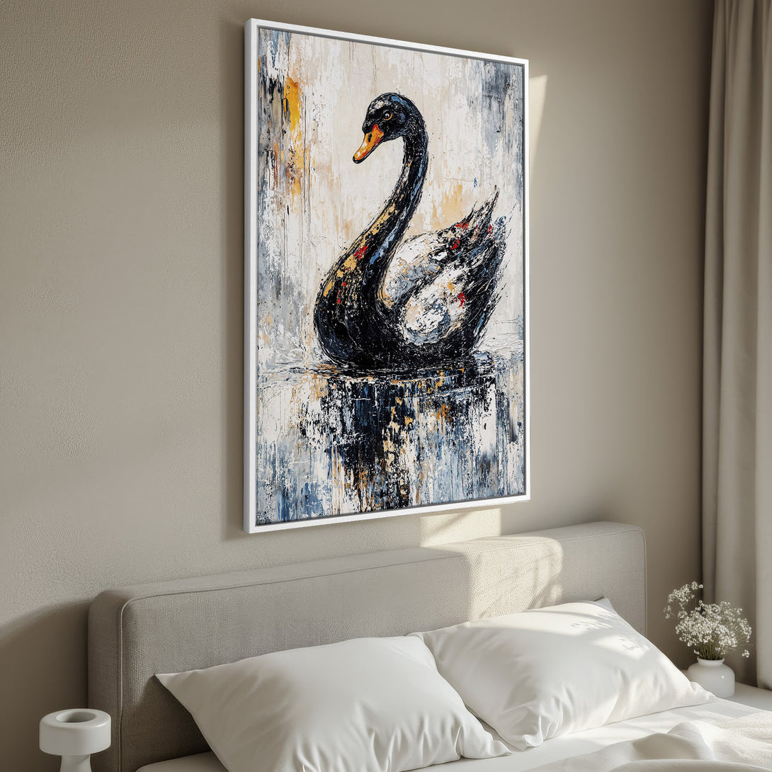 Framed Wall Art: Abstract black swan painting in a bedroom. Modern art with a neutral color palette of black, white, and muted tones. Perfect home decor.