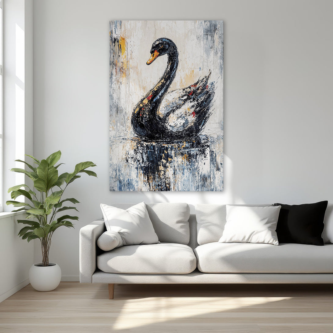 Framed Wall Art: Abstract black swan painting in a gold frame. Modern art with a neutral, elegant color palette. Perfect bedroom decor.