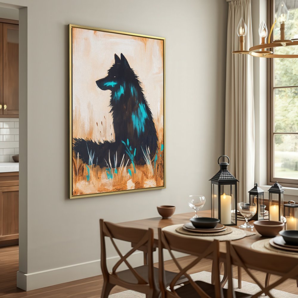 Canvas Print featuring a black wolf painting with teal accents. Rustic style, warm earth-tone color palette. Perfect wall art!