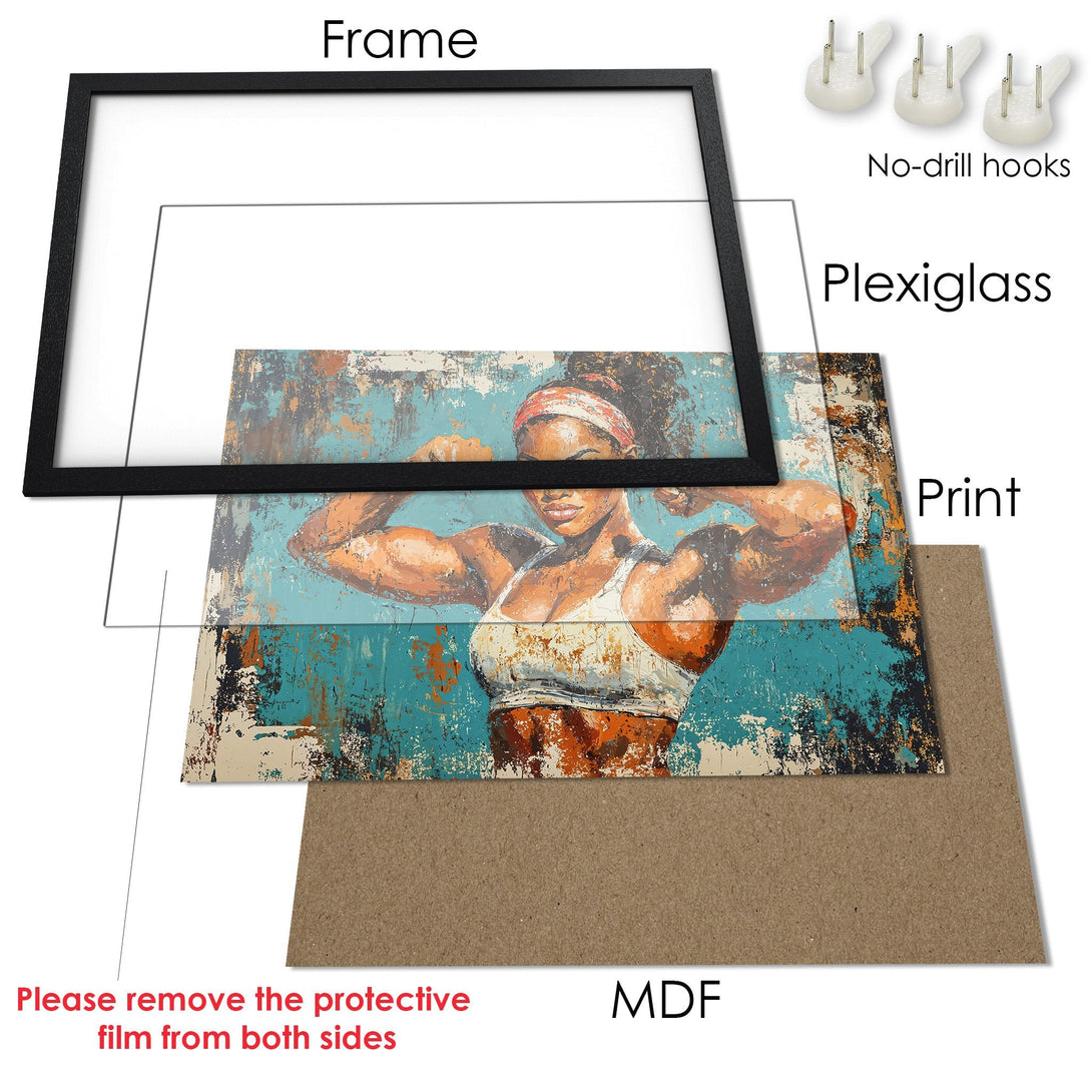 Framed Poster featuring a strong woman, abstract style, with teal, orange, and black color palette. Perfect for home gym decor!