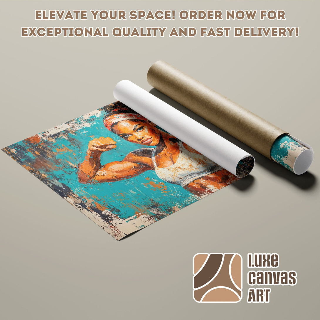 Poster Roll of strong woman art, vibrant teal and orange palette, perfect for your home decor.