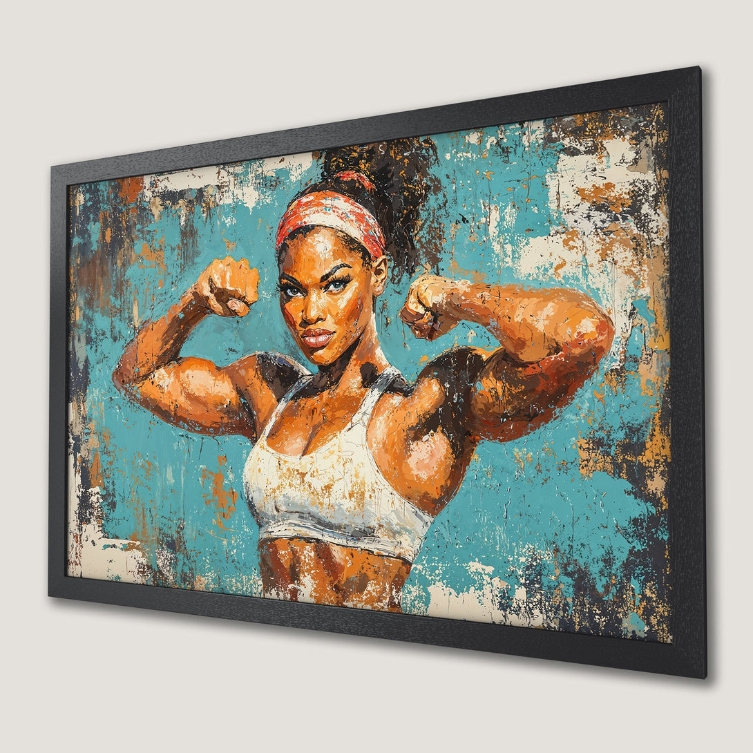Framed Poster: Powerful woman flexing, abstract art style, teal & orange color palette. Perfect wall art for your home gym!