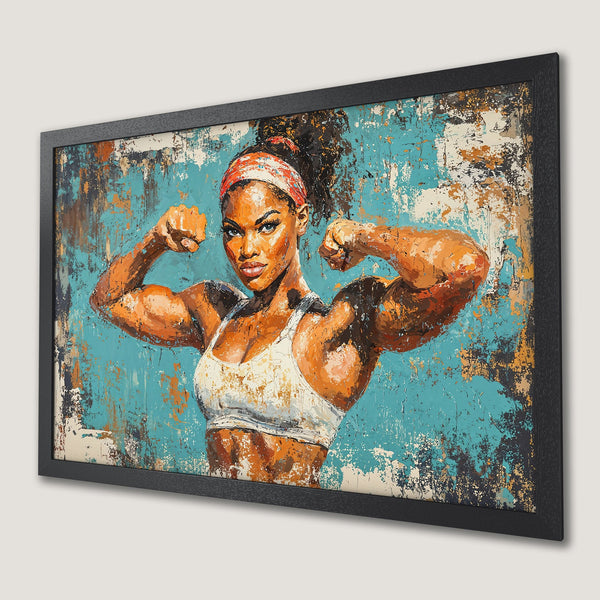 Framed Poster: Powerful woman flexing, abstract art style, teal & orange color palette. Perfect wall art for your home gym!