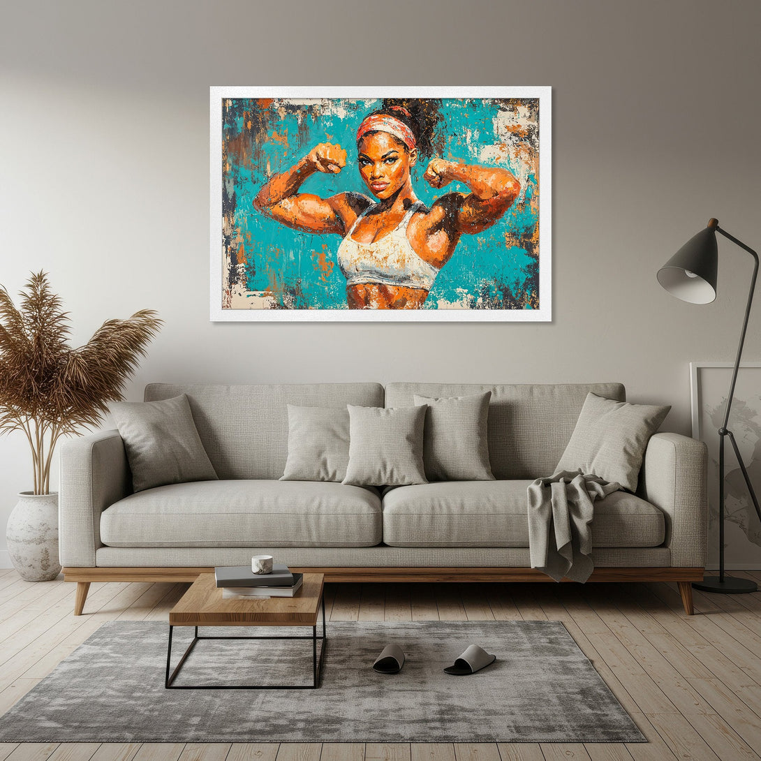 Framed Poster of a strong woman flexing. Abstract art style with teal and orange tones. Perfect for home gym or motivational decor.