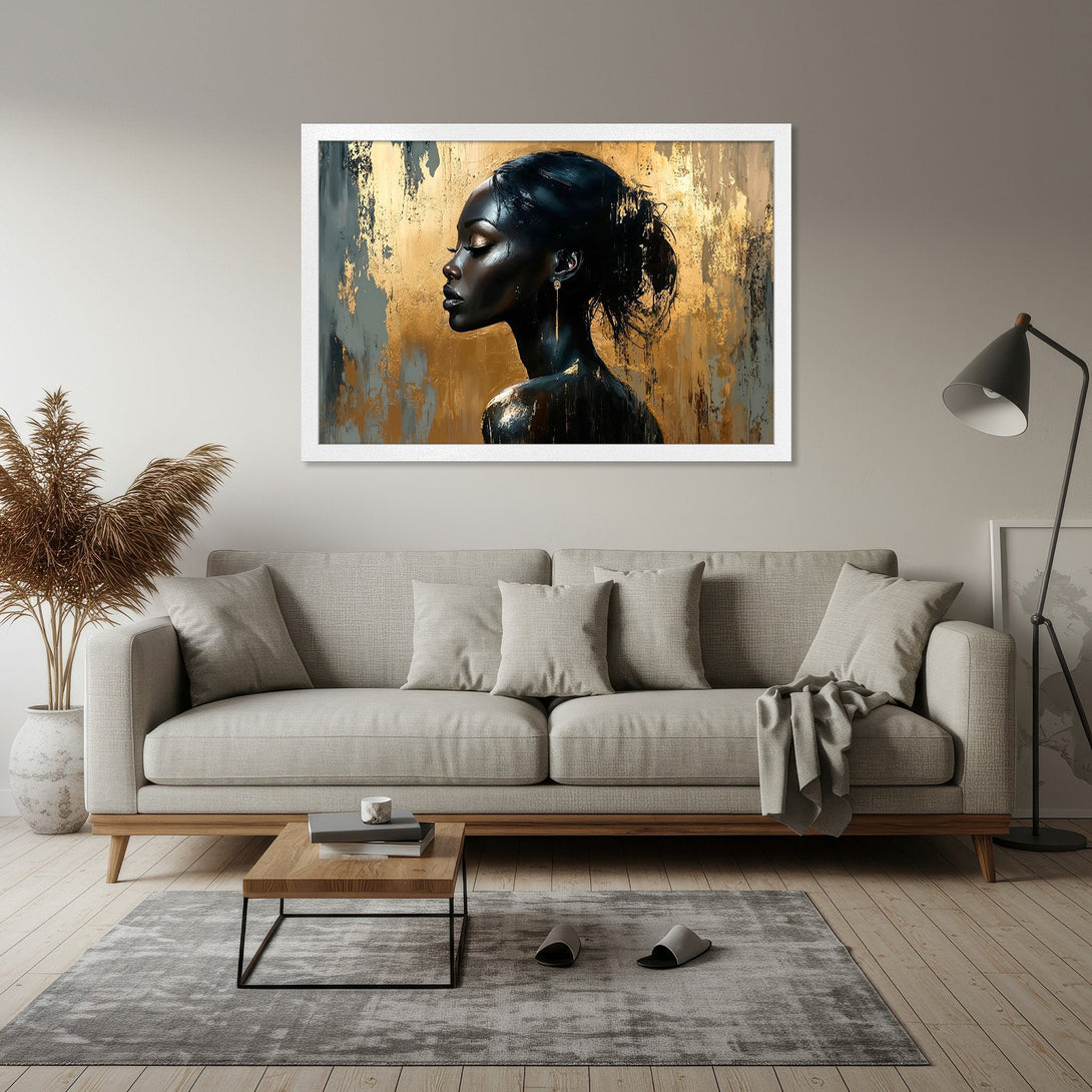 Framed Poster featuring a black woman in an abstract style with gold and gray tones, perfect for modern decor.