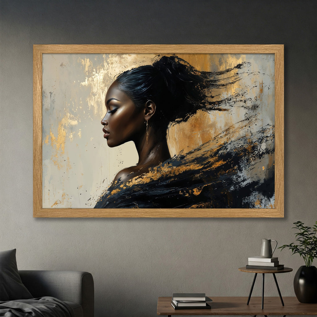 Framed Poster featuring an elegant Black woman in abstract style, with a gold, black, and neutral color palette. Perfect wall art.