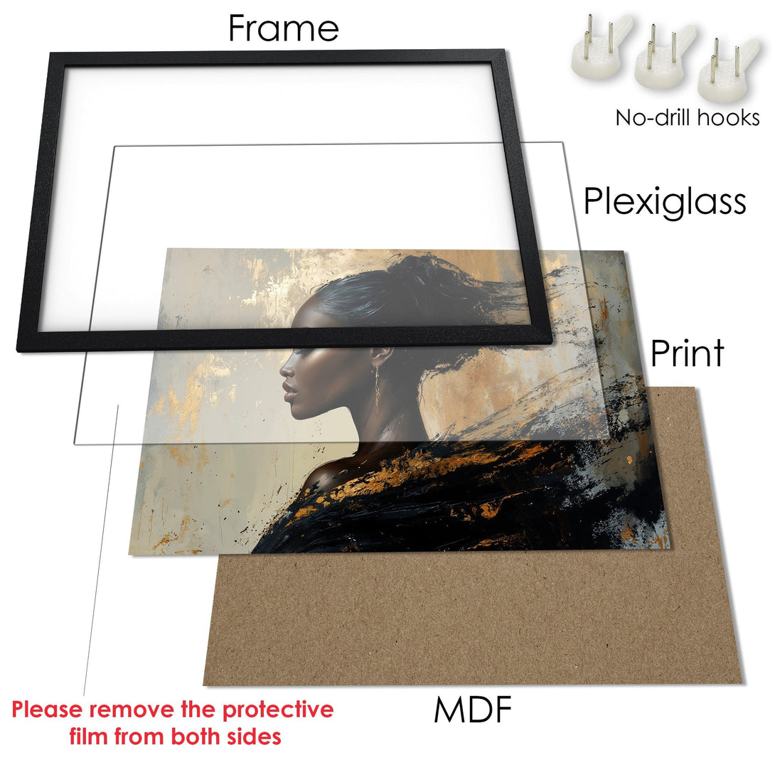 Framed Poster art featuring a woman in black and gold, abstract style, neutral palette. Perfect wall decor!