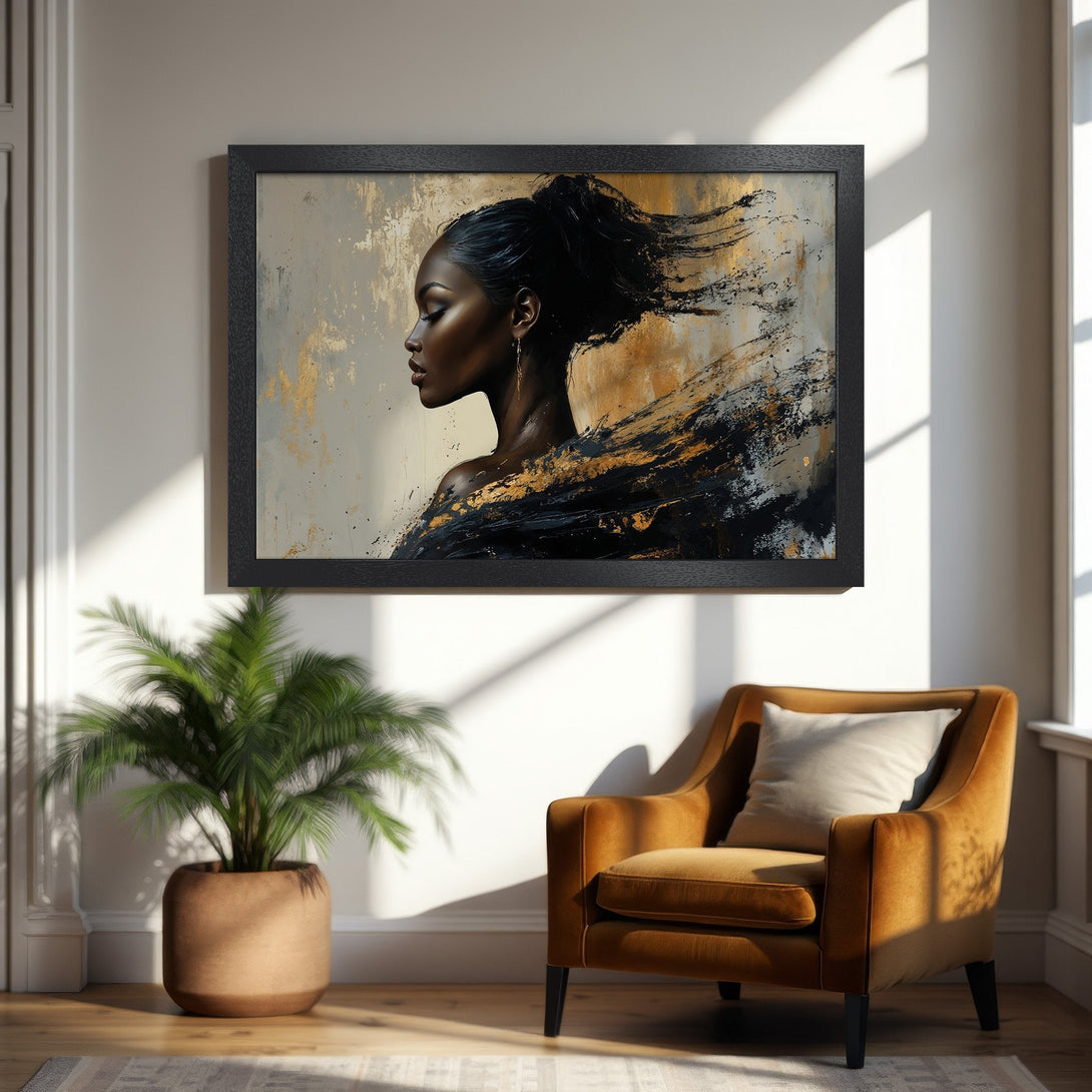 Framed Poster featuring a woman in black and gold abstract art. Modern style, neutral and warm color palette. Perfect wall decor.