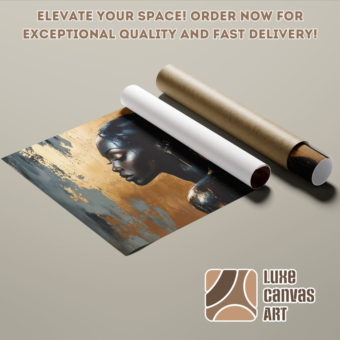 Abstract art Poster Roll featuring a woman, gold & gray tones. Elevate your space with Luxe Canvas Art!