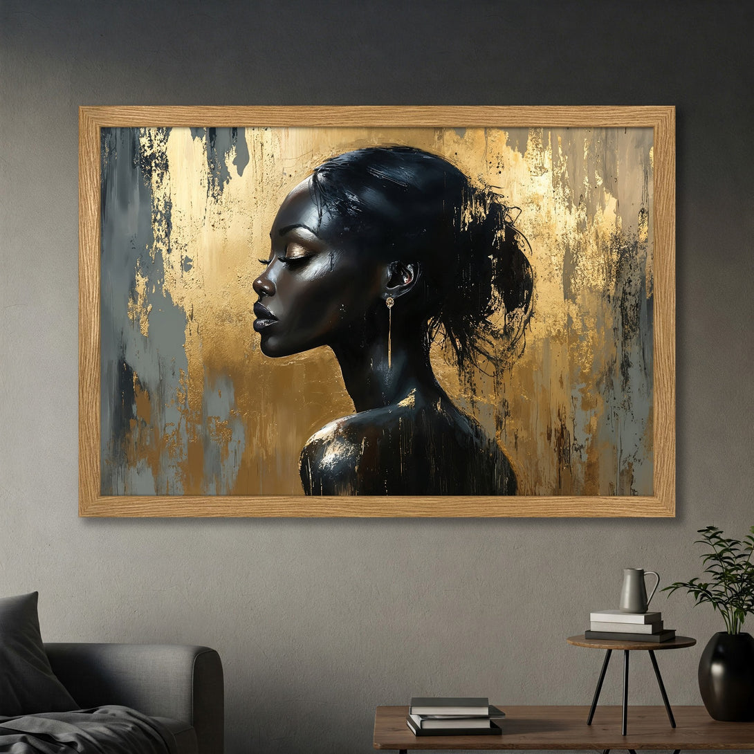 Framed Poster featuring a black woman portrait with gold and grey abstract art. Modern style, elegant decor.
