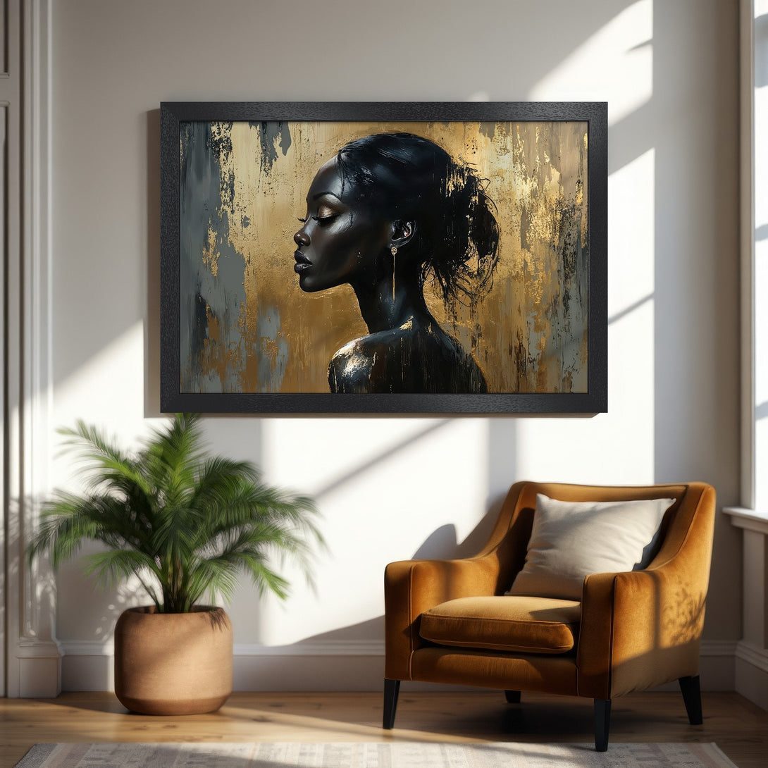Framed Poster of a Black Woman in an abstract gold and black style. Elegant wall art with a warm, neutral color palette.