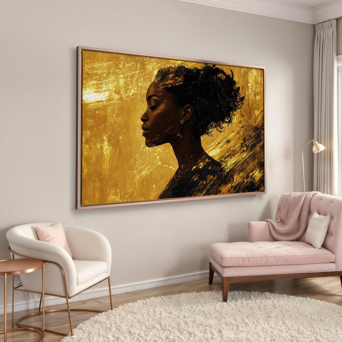 Framed Wall Art Canvas Print of a woman's silhouette in gold and black abstract style, adding elegance to a modern interior with a neutral palette.