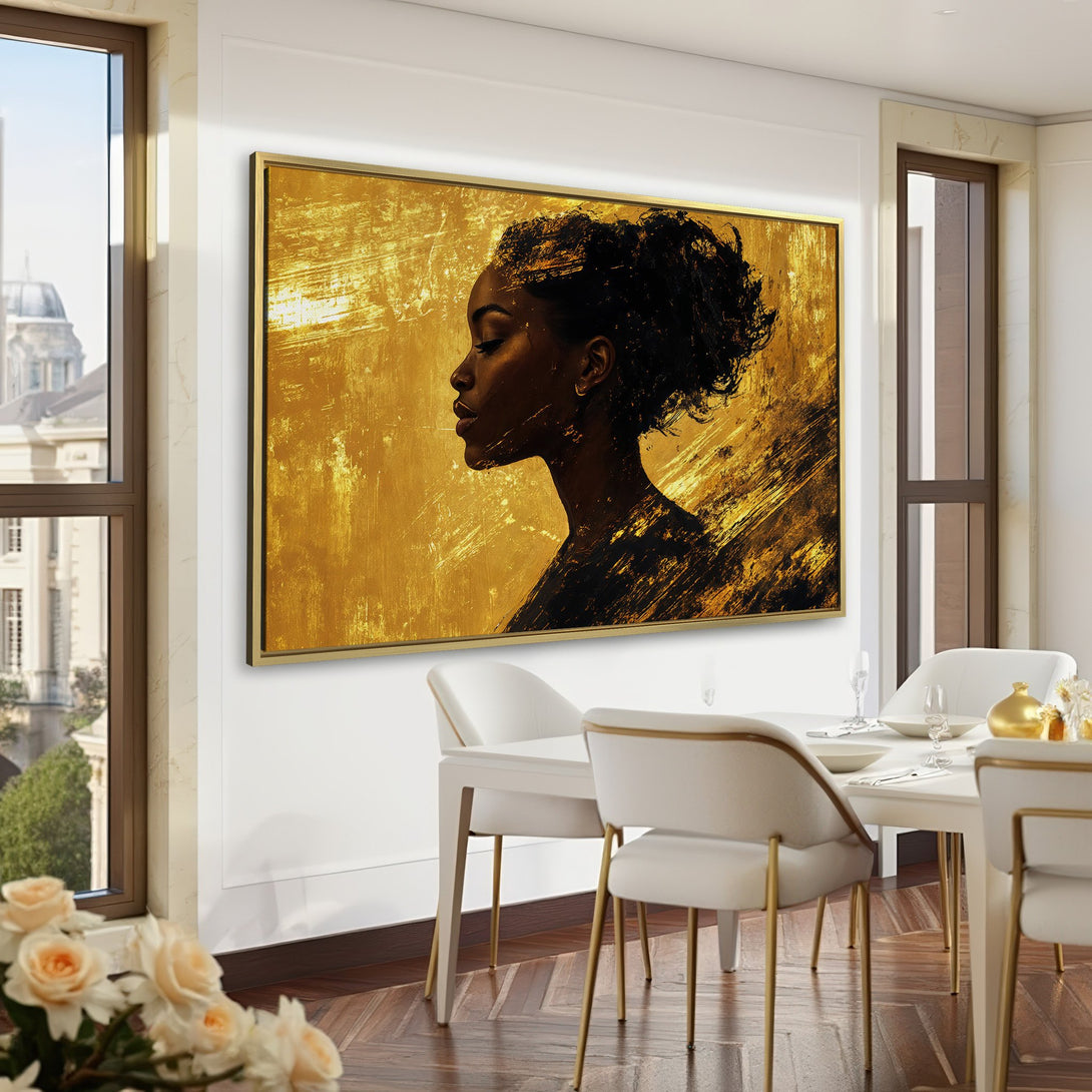 Canvas Print featuring a striking portrait of a woman with a gold and black abstract background. Perfect wall art for a sophisticated space.