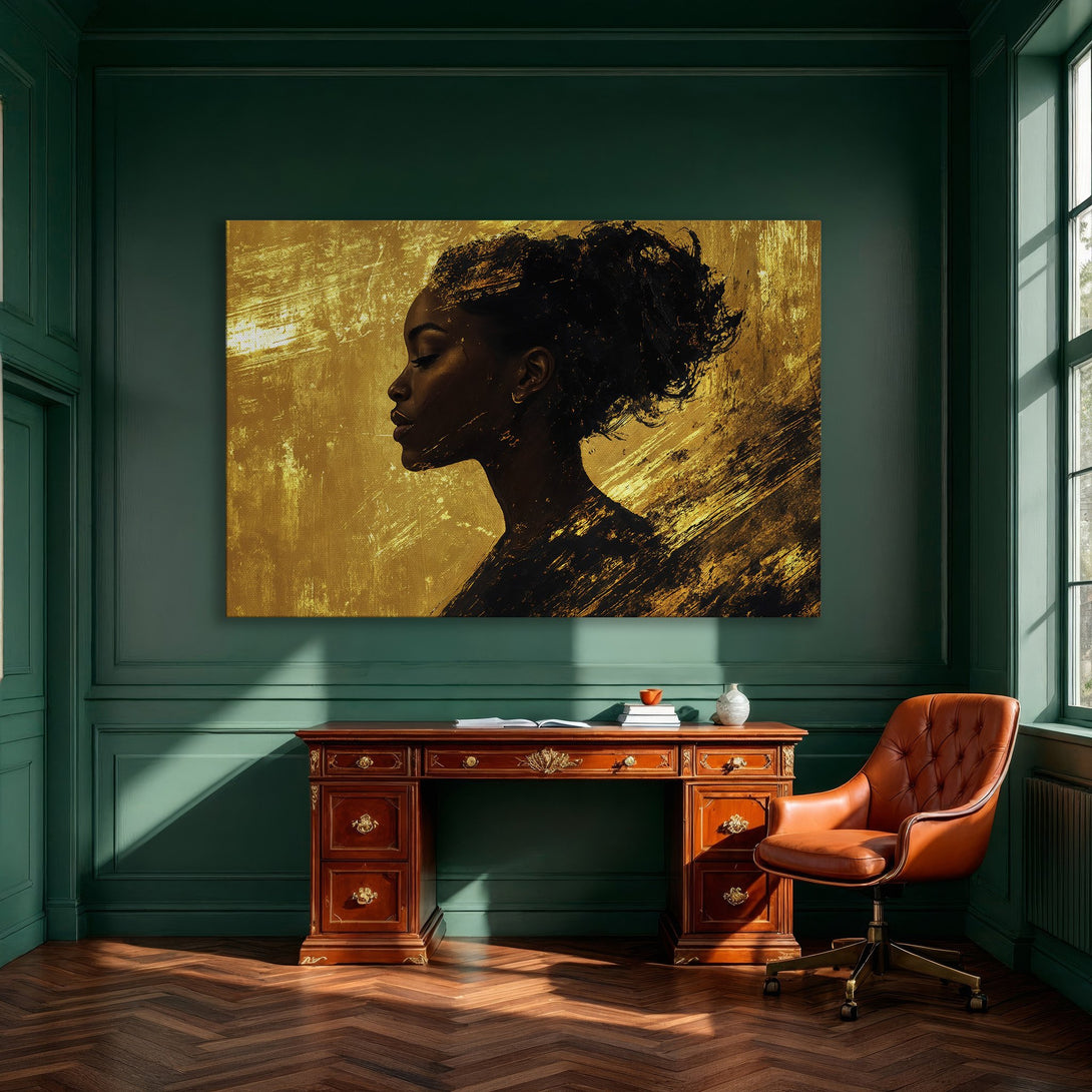 Framed Wall Art featuring a woman's profile in gold and black tones. Modern abstract style, perfect for dining room decor.