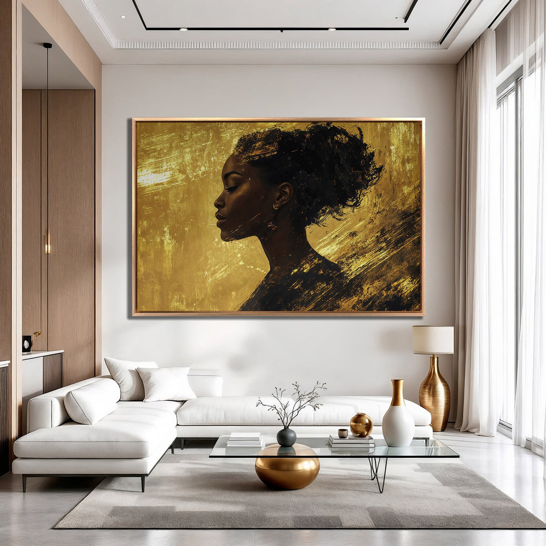 Framed Wall Art featuring a black woman's profile in gold and black abstract style. Perfect for modern home decor.