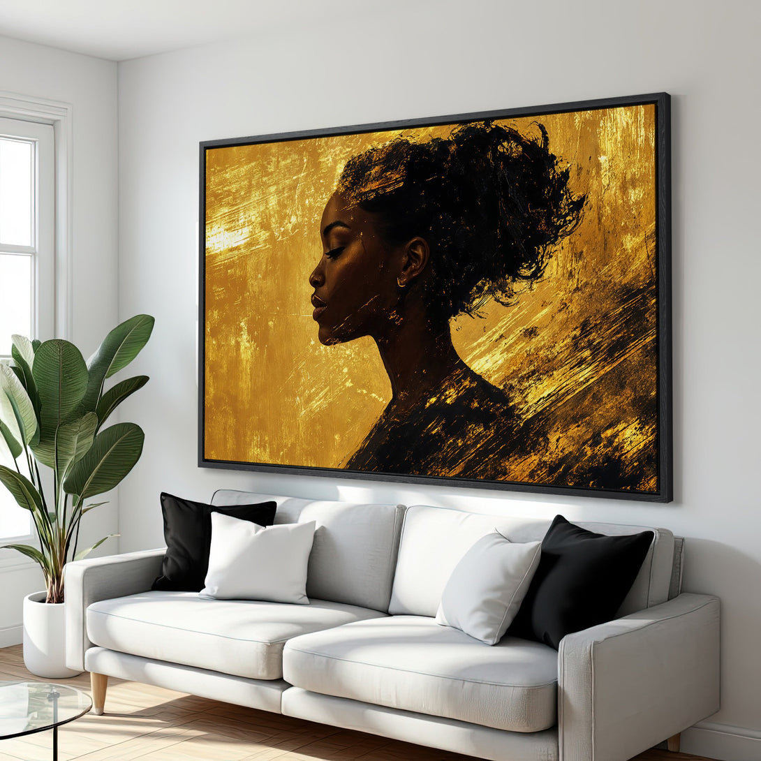 Framed Wall Art: Stunning abstract portrait of a woman in gold and black. Elevate your space with this modern Canvas Print. Shop now for chic wall decor!