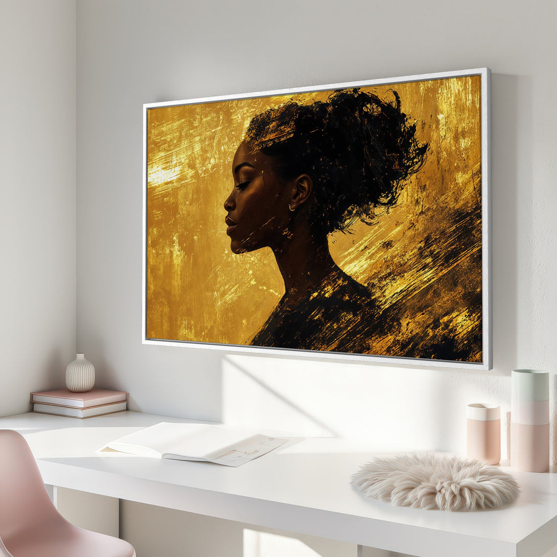 Framed Wall Art: Abstract portrait of a woman in gold and black. Modern canvas print adds elegance to any decor.