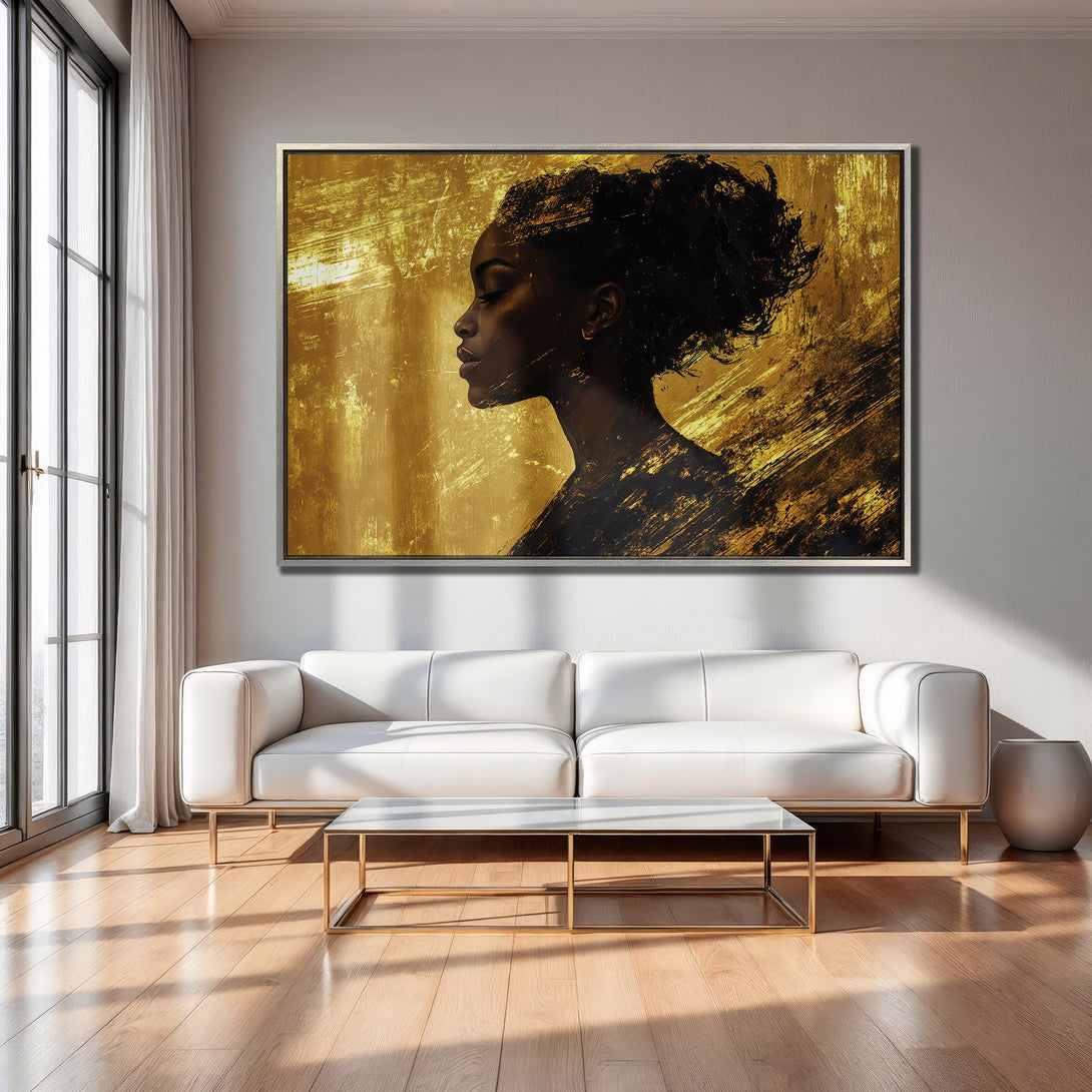 Framed Wall Art featuring a profile portrait of a woman in gold tones. Modern abstract art perfect for living room decor. Canvas Print.