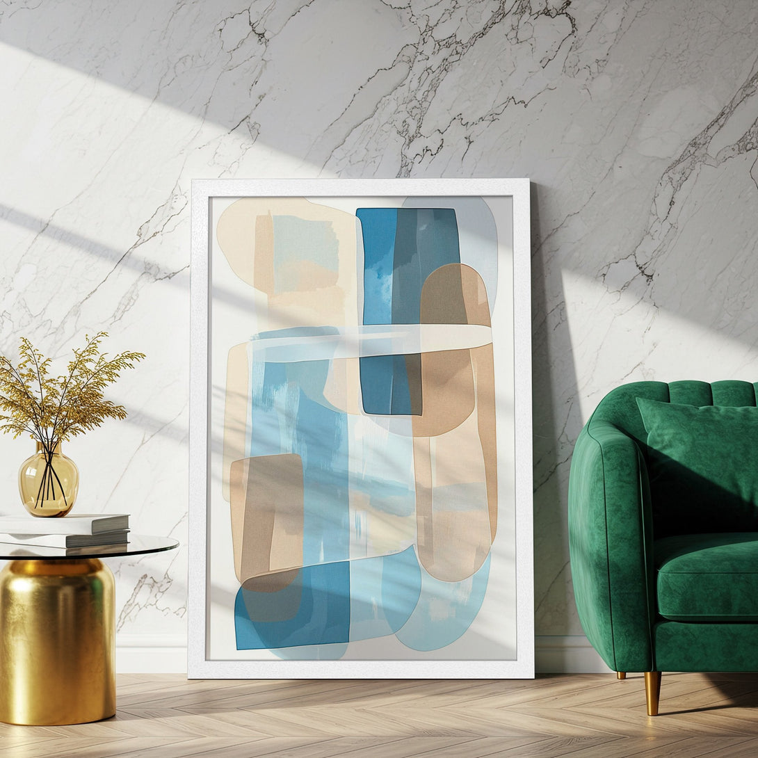Framed Poster with abstract art in blue, beige, and brown tones. Modern wall decor for your home.