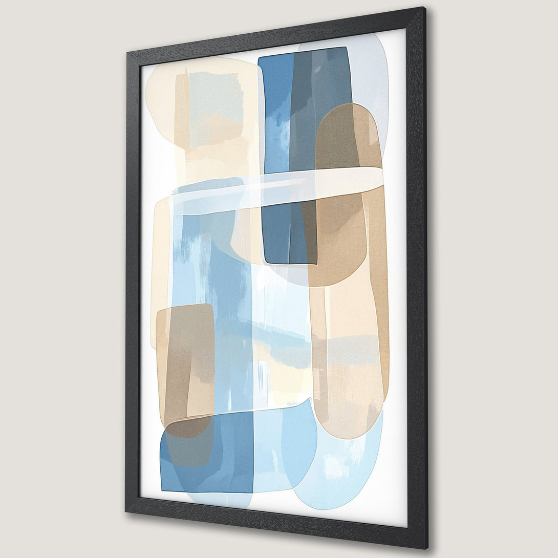 Framed Poster: Abstract art print with blue, beige, and brown color palette. Modern style adds a touch of elegance to any space.