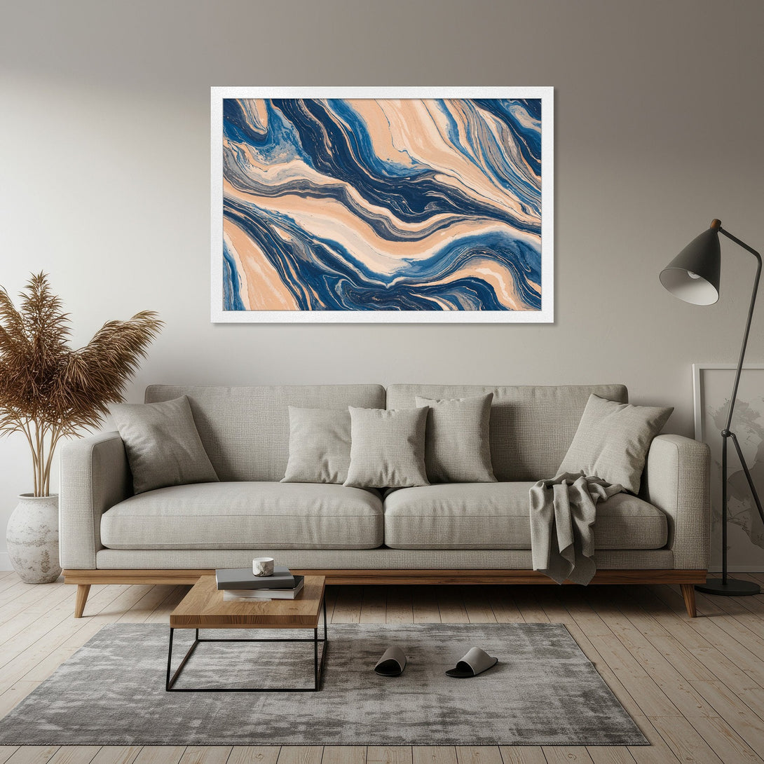 Framed Poster featuring abstract blue and peach art, perfect for modern home decor.