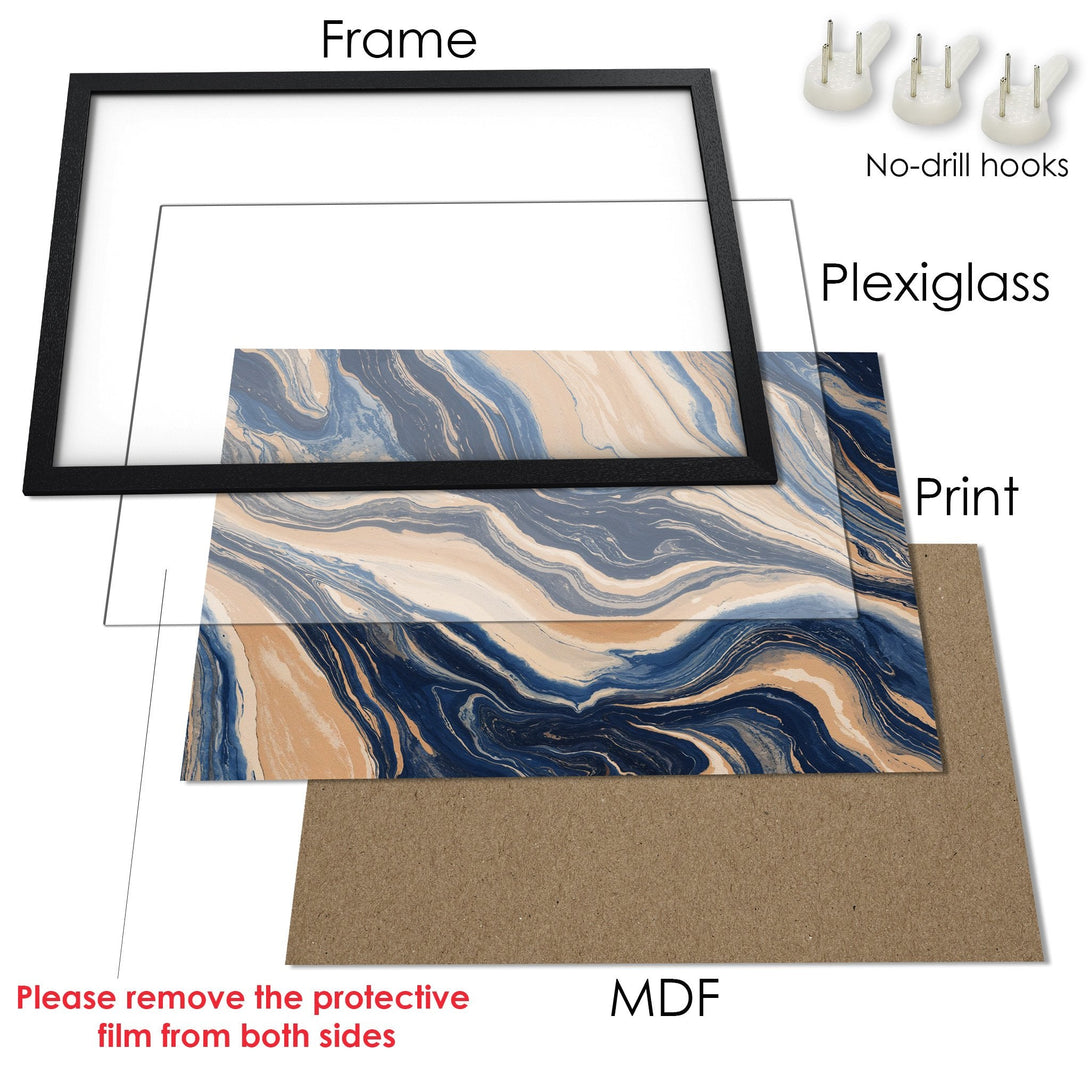 Framed Poster with abstract blue, beige, and white art. Modern style, ready to hang decor.
