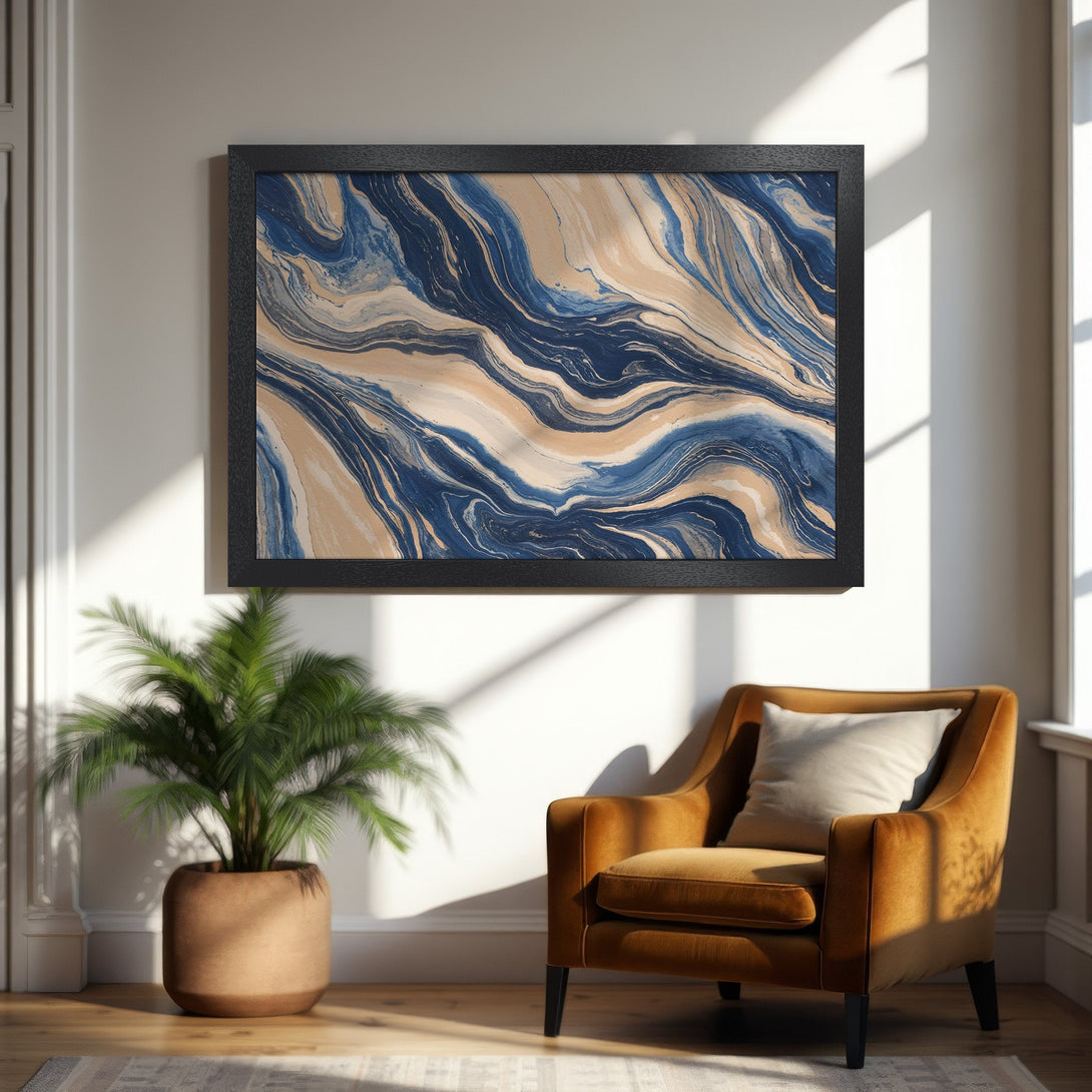 Framed Poster featuring abstract blue and beige artwork. Modern art print for home decor. Enhance your space with this stylish Poster.