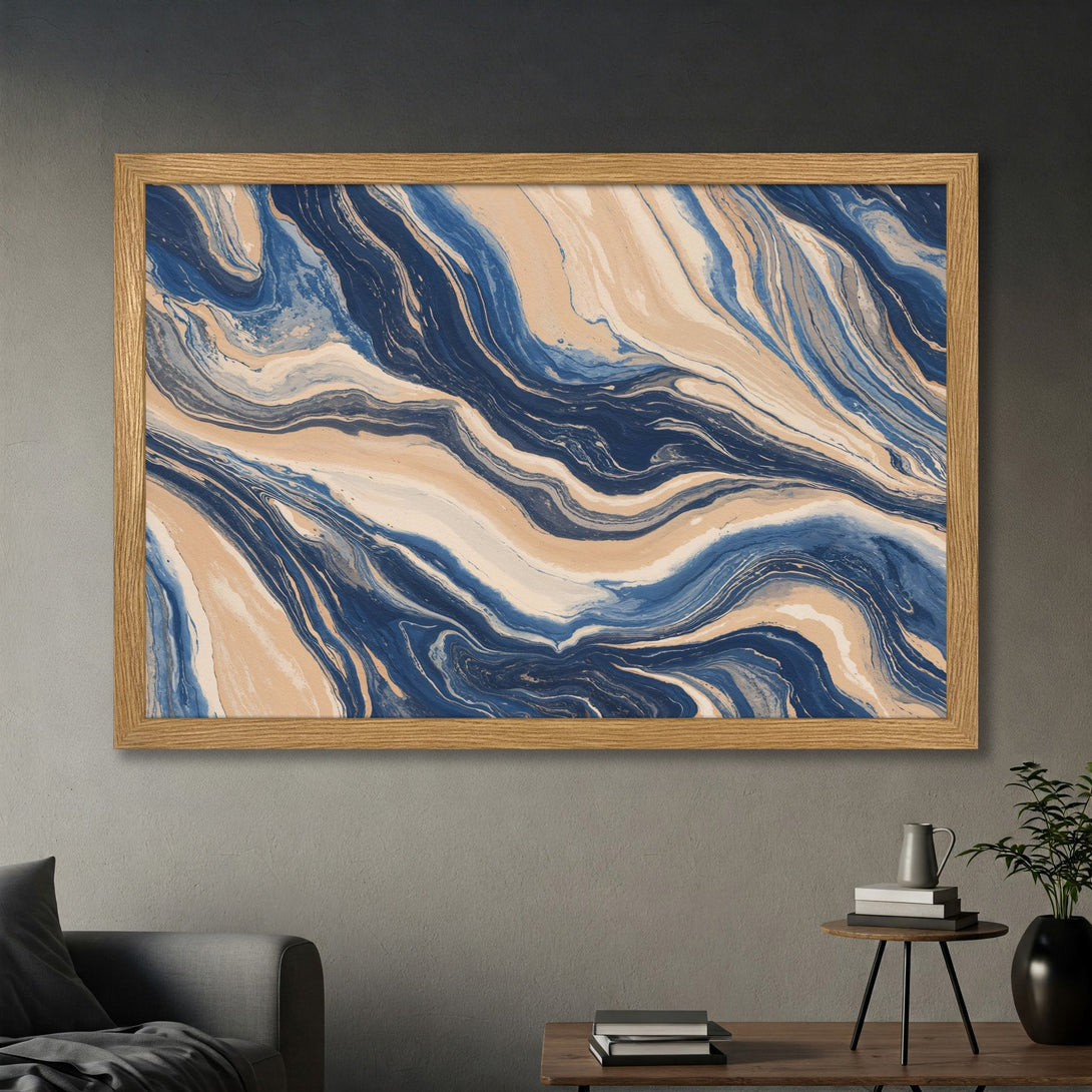 Framed Poster featuring abstract blue & beige art. Modern style, perfect for home decor. Add a touch of elegance with this beautiful poster!