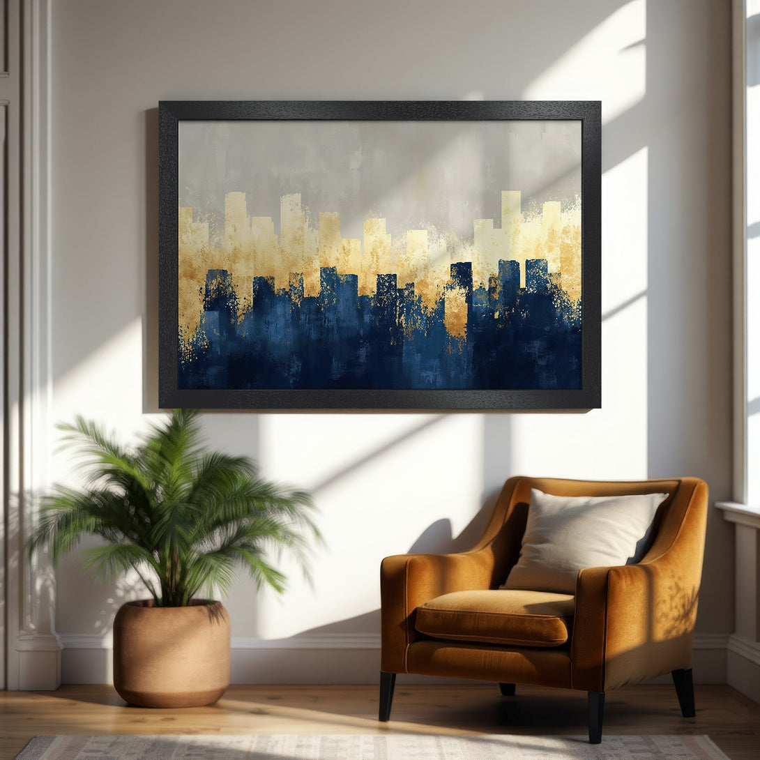 Framed Poster featuring abstract cityscape art in gold and navy blue tones. Modern wall decor for a stylish home.