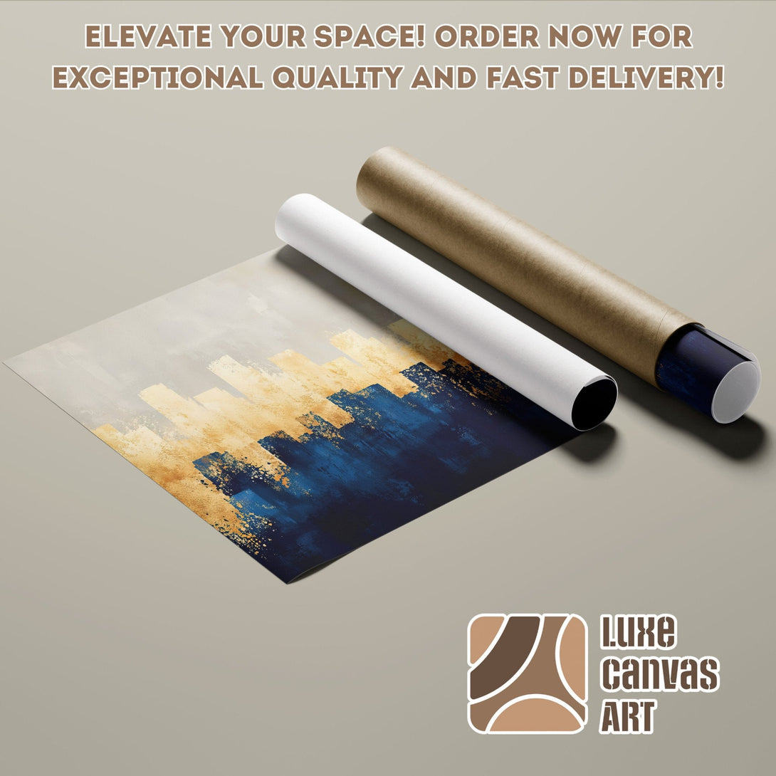 Abstract art Poster Roll in gold, blue & grey. Elevate your space with Luxe Canvas Art!