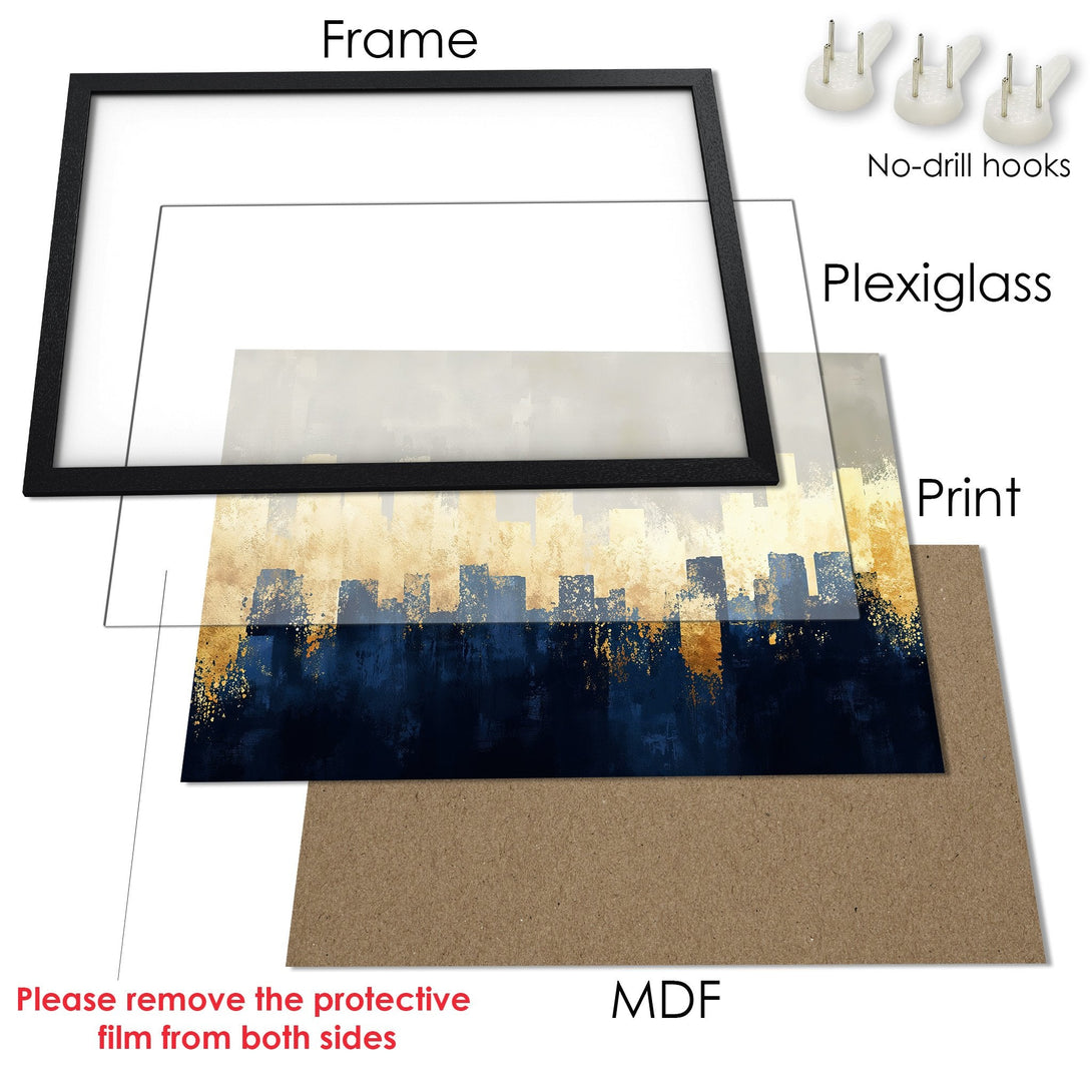 Framed Poster featuring an abstract cityscape in navy and gold. Modern art perfect for any space.