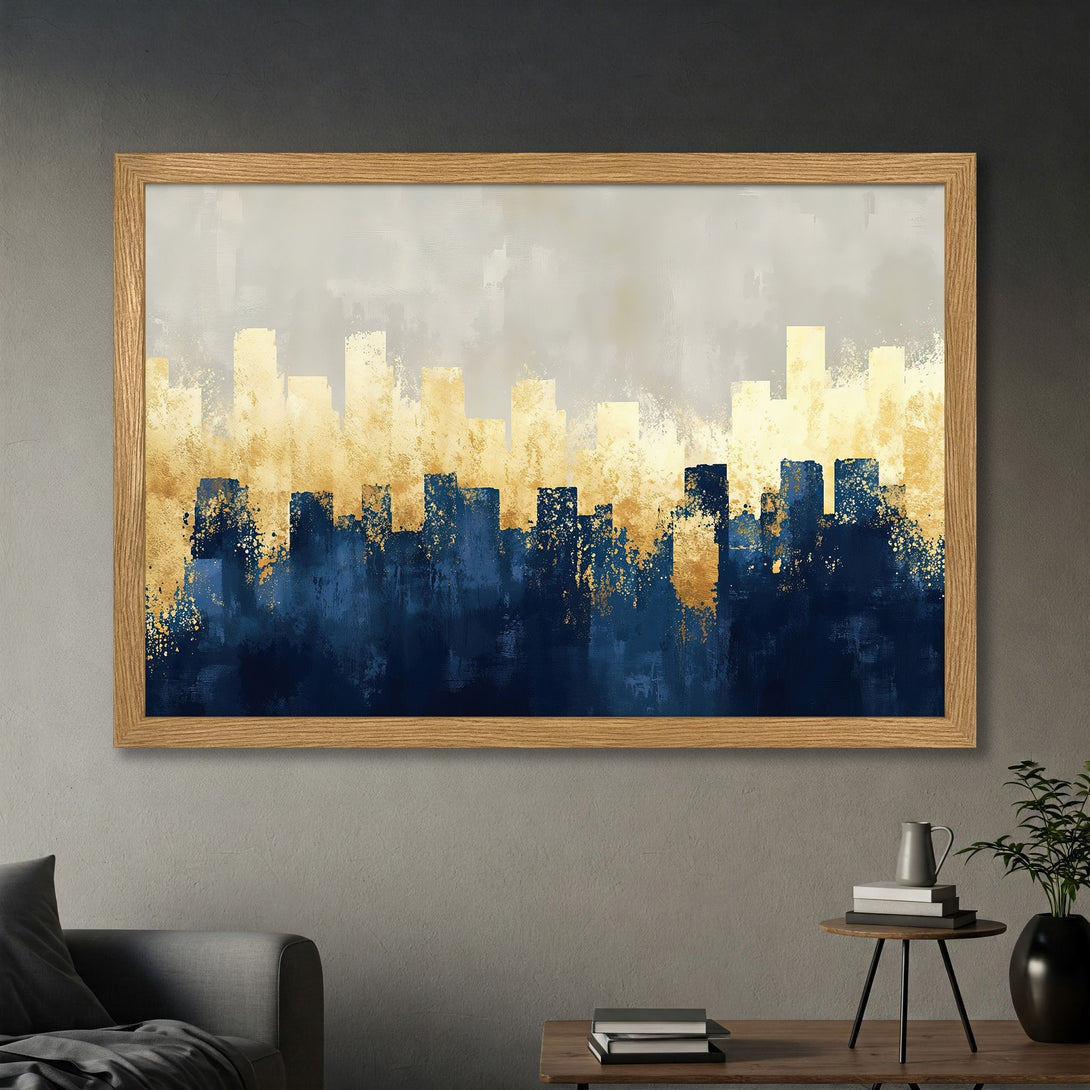 Framed Poster featuring an abstract cityscape in navy blue and gold, perfect for adding a touch of modern art to your home decor.