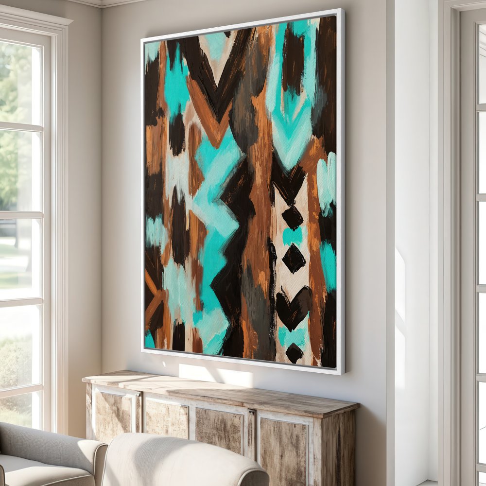 Abstract Canvas Print with turquoise, brown, and black brushstrokes. Modern art for your home. Framed Wall Art.