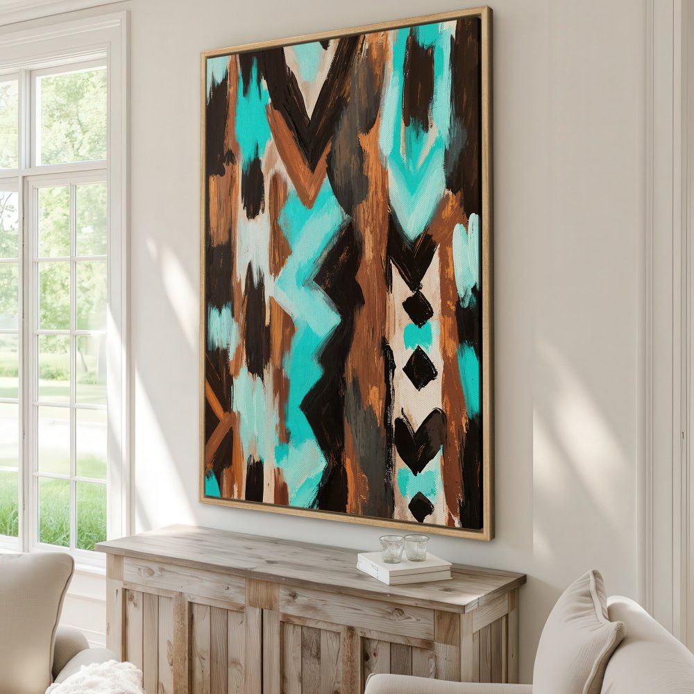 Framed Wall Art: Abstract canvas print in turquoise, brown, and black. Modern art for living room or bedroom decor. Shop now!