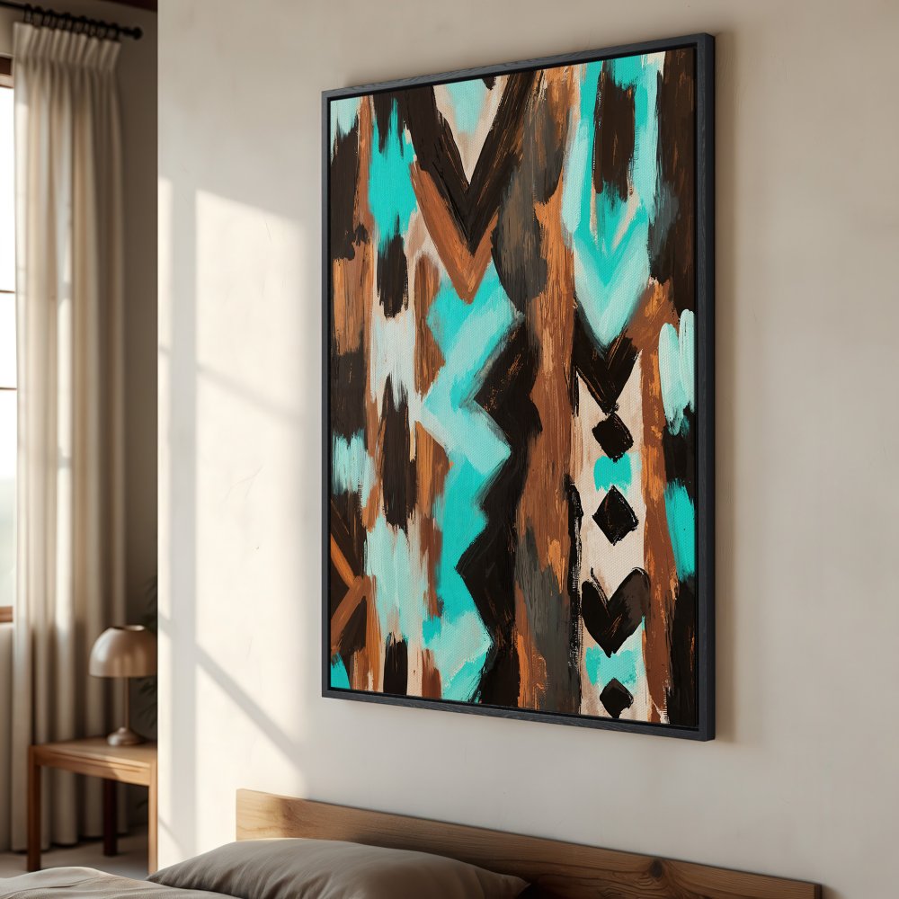 Framed Wall Art: Abstract turquoise, brown, and black textured Canvas Print. Modern art for home decor. Add a pop of color to your space!