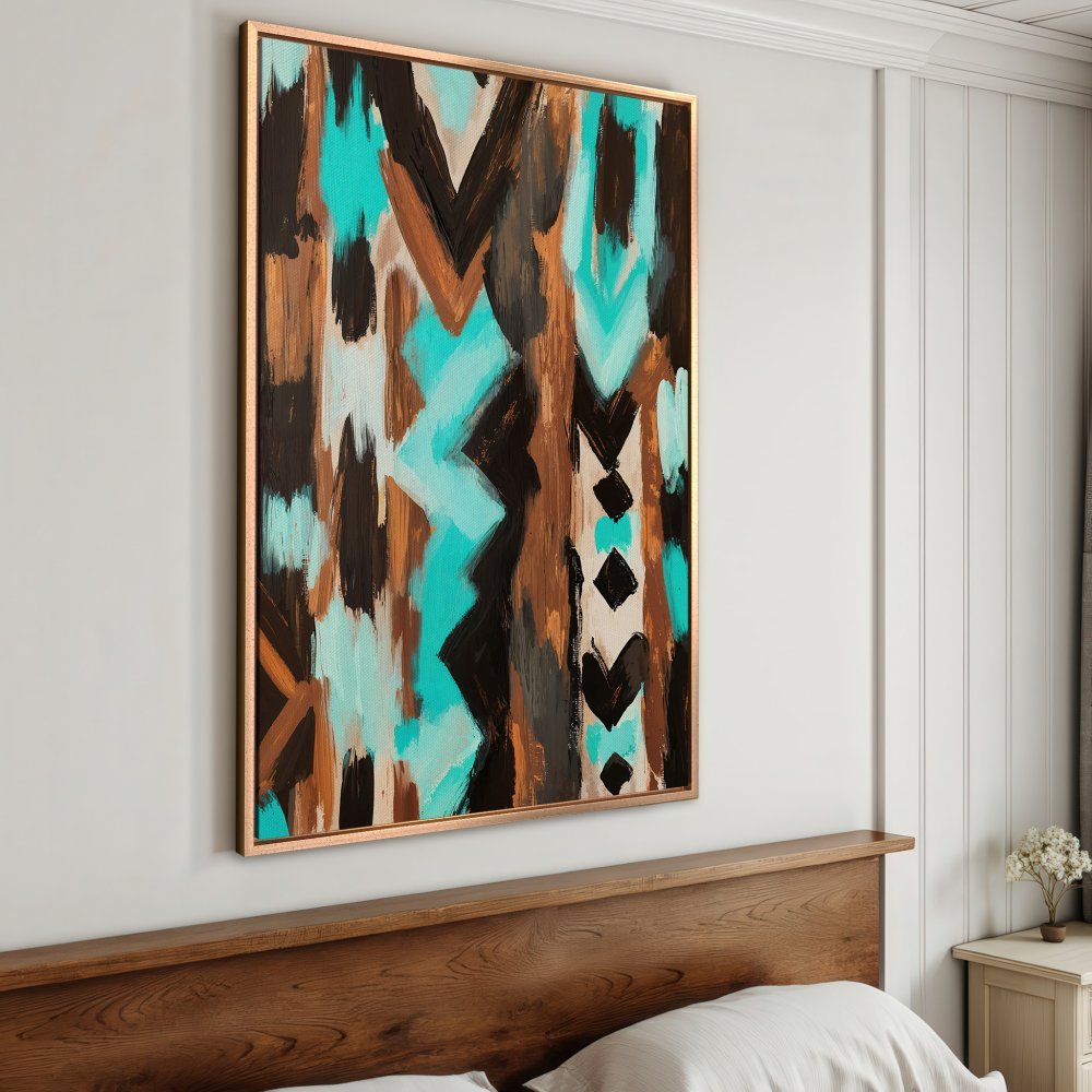 Abstract Canvas Print with turquoise, brown, and black brushstrokes. Modern framed wall art for a stylish interior.