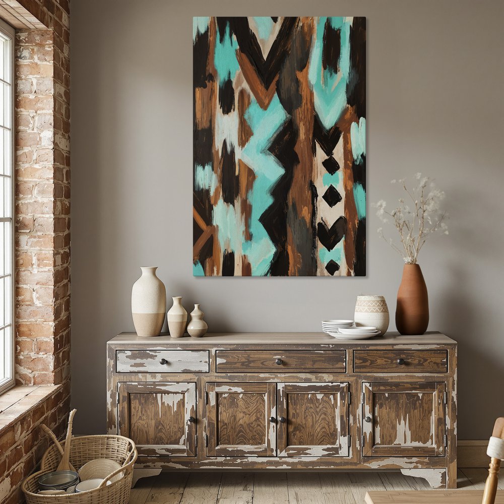 Framed Wall Art: Abstract turquoise, brown, and black painting. Modern style canvas print adds a pop of color to any dining room.