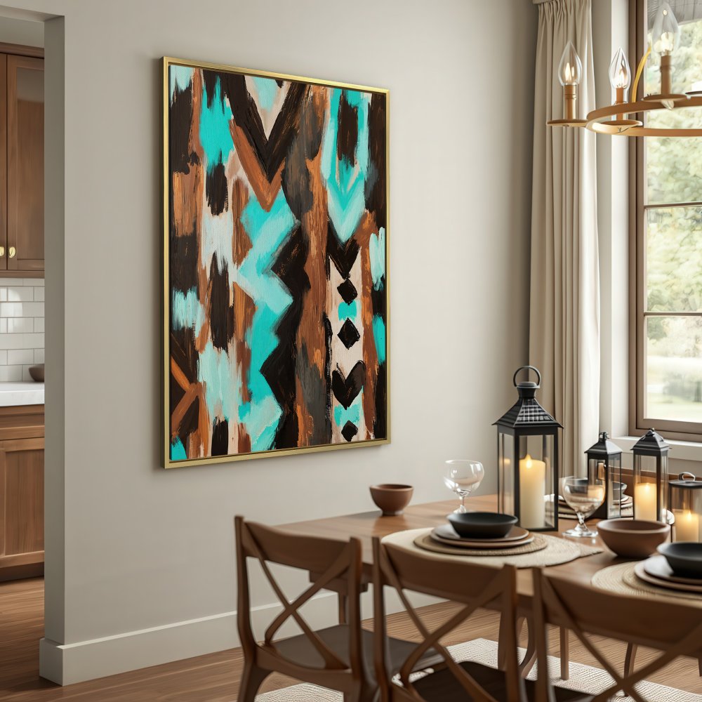 Abstract Canvas Print with turquoise, brown, and black brushstrokes. Modern wall art for stylish home decor.