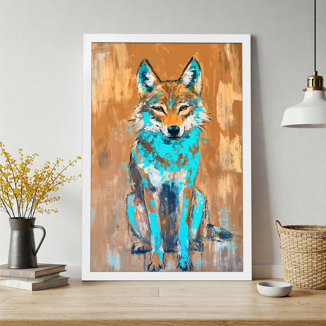 Framed Poster featuring an abstract wolf painting. Earthy tones of brown, orange, and teal create a striking piece of art.