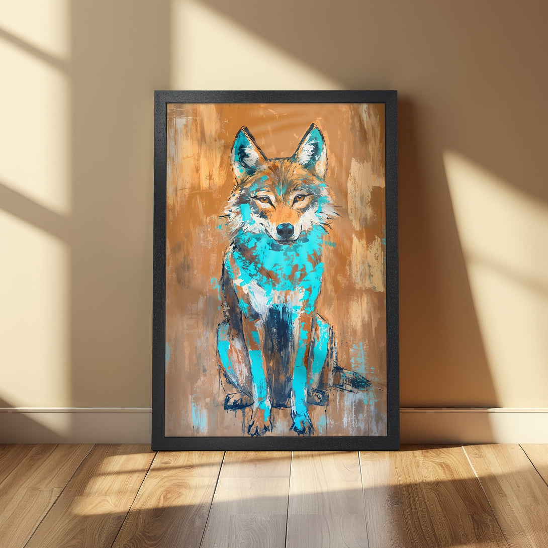 Framed Poster of a wolf in abstract style, featuring teal and brown tones. Perfect wall art for your home!