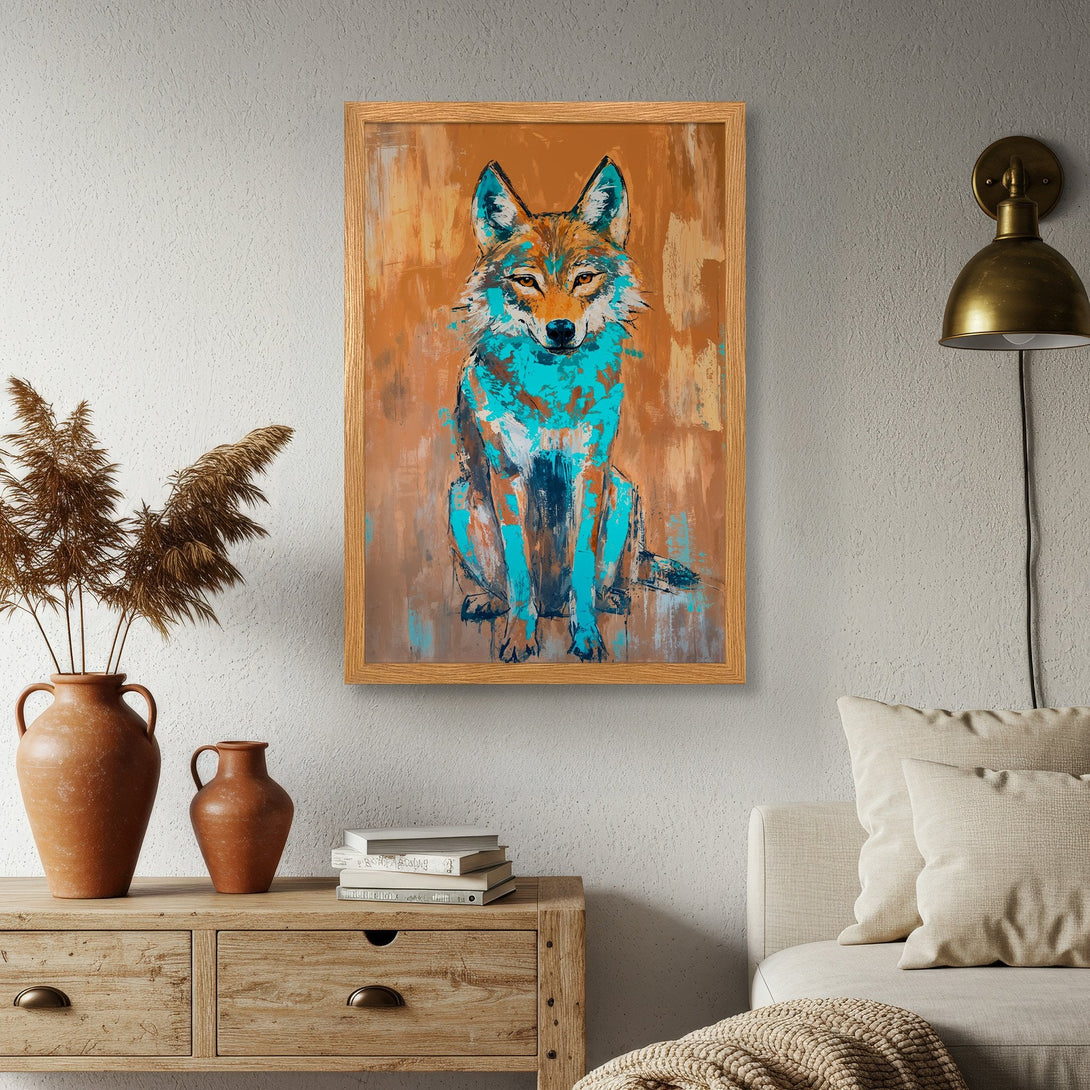 Framed Poster featuring a wolf in an abstract style with teal and orange tones. Modern art print for home decor.