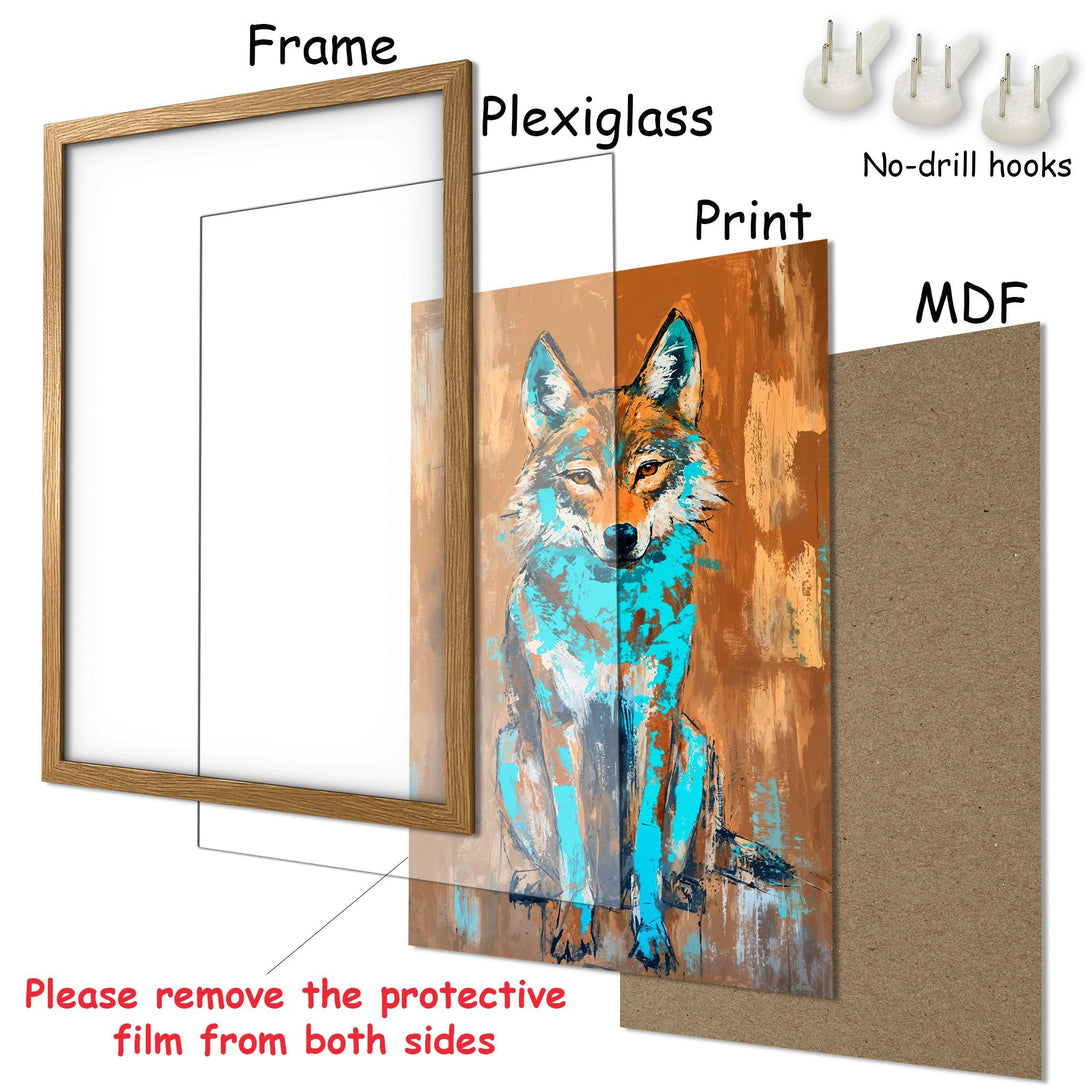 Framed Poster featuring a wolf in abstract style with teal and orange tones. Perfect art for your home!